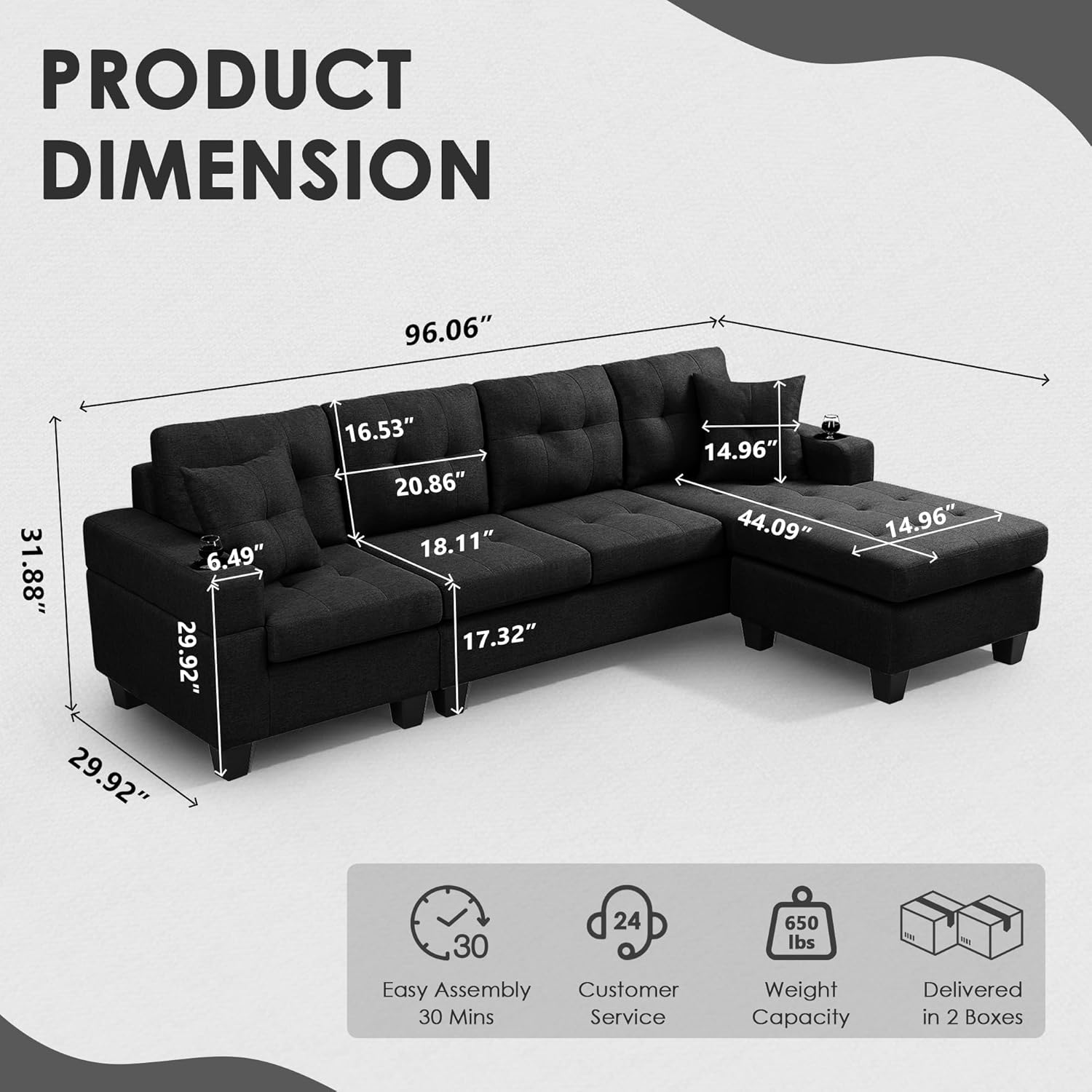 Wakefit Sectional Sofa Couch, Modern 4-Seaters Living Room Furniture Sets with Reversible Chaise Lounge & 2 Pillows | L Shape Couch | Cup Holders | Linen Fabric,Black
