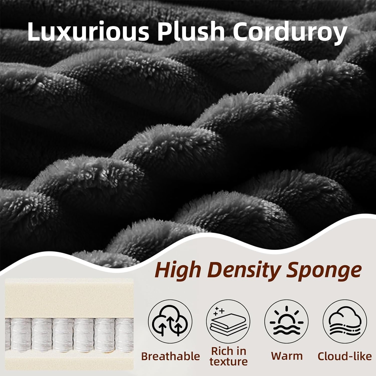 Alternative view of 134 Inch Cloud Sectional Couch with L-Shape Chaise,Modern Upholstered Couches with Deep Seat,Corduroy Sponge Compressed Sofa for Living Room, Bedroom,No Assembly Required (Black, U-Shaped Sofa)