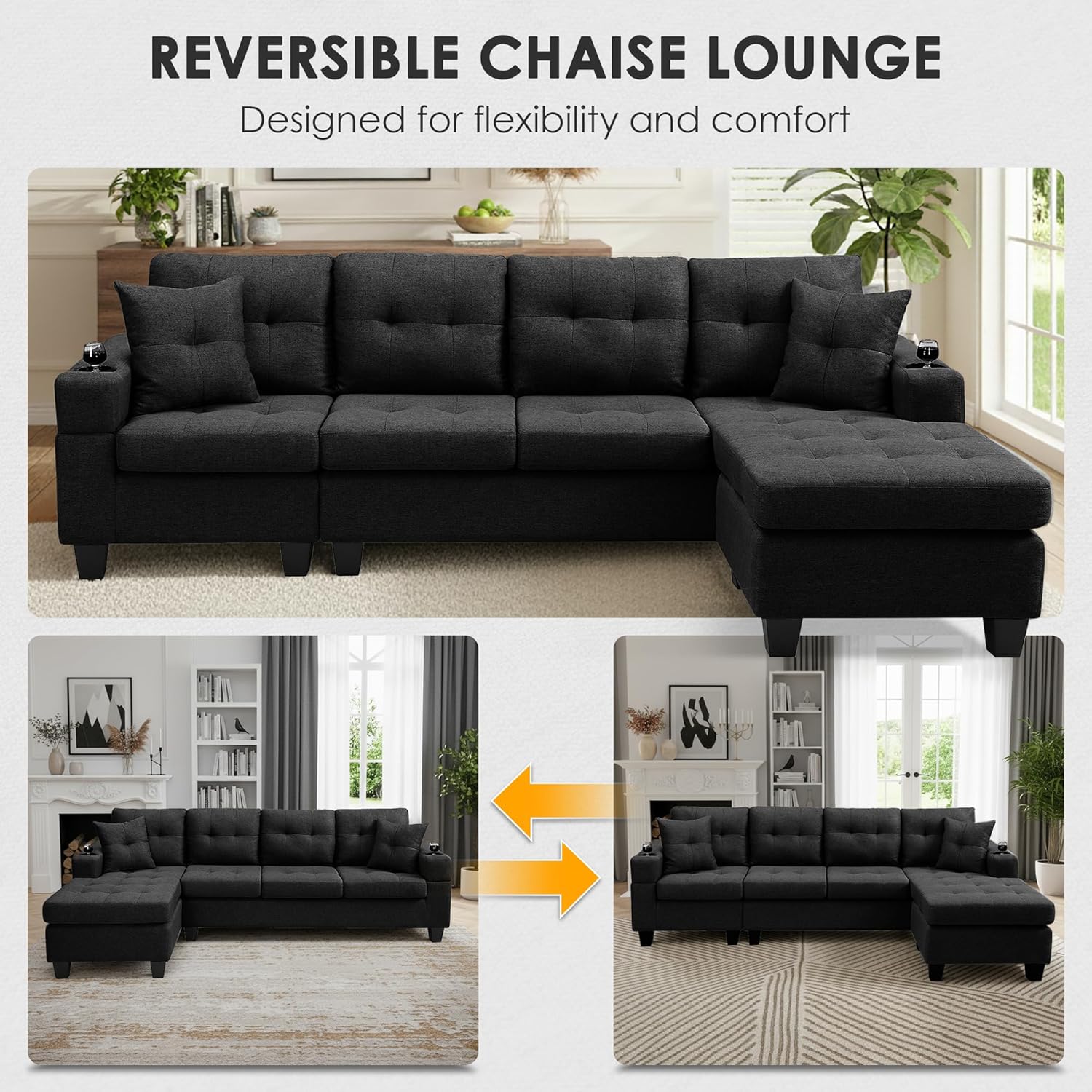 Alternative view of Wakefit Sectional Sofa Couch, Modern 4-Seaters Living Room Furniture Sets with Reversible Chaise Lounge & 2 Pillows | L Shape Couch | Cup Holders | Linen Fabric,Black