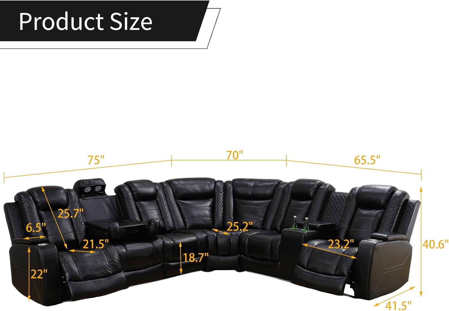 Daydo Sempli Power Reclining Sectional Sofa for Living Room,Modern L-Shaped Black Air Leather Sectional Couch Set,Recliner Sofa Set,with LED Lights,Cup Holder,Storage,Charging Ports,Home Theater Seat