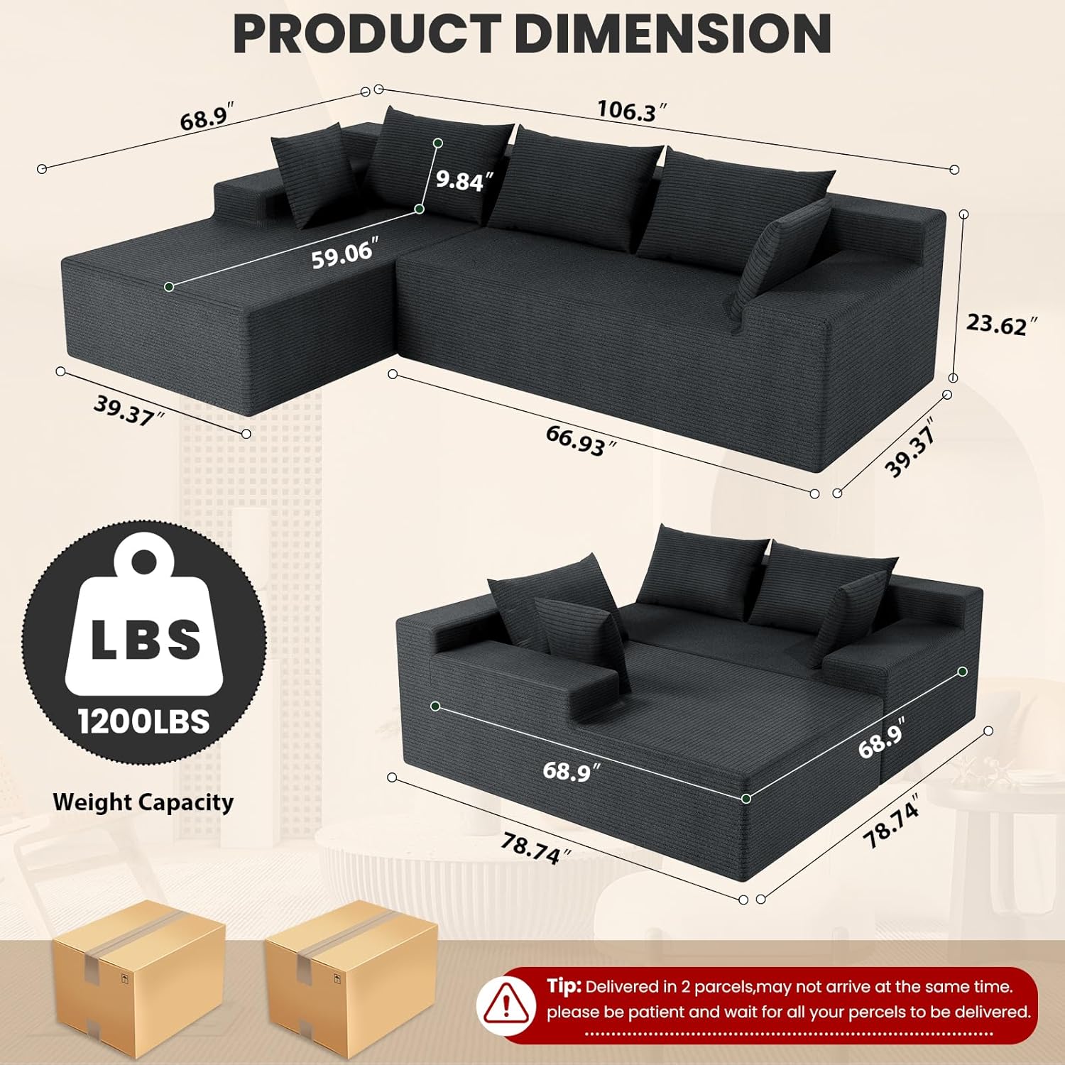 LEVELEVE 107" Cloud Sectional Couch with Deep Seat，Modern Modular Sofa with L-Shape Chaise，No Assembly Required, Upholstered Couches for Living Room Bedroom(Dark Gery,Left Facing Chaise)
