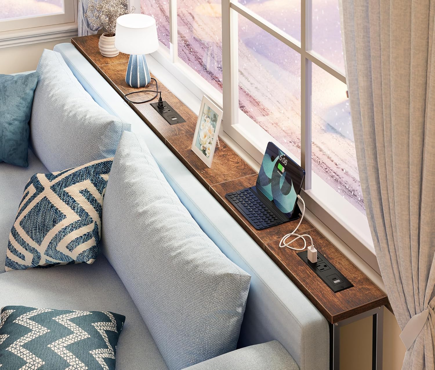 SUPERJARE 78.8 inch Narrow Console Table with Outlet, Sofa Tables, Behind Couch Table, Long Entryway Tables with Charging Station, for Living Room, Rustic Brown