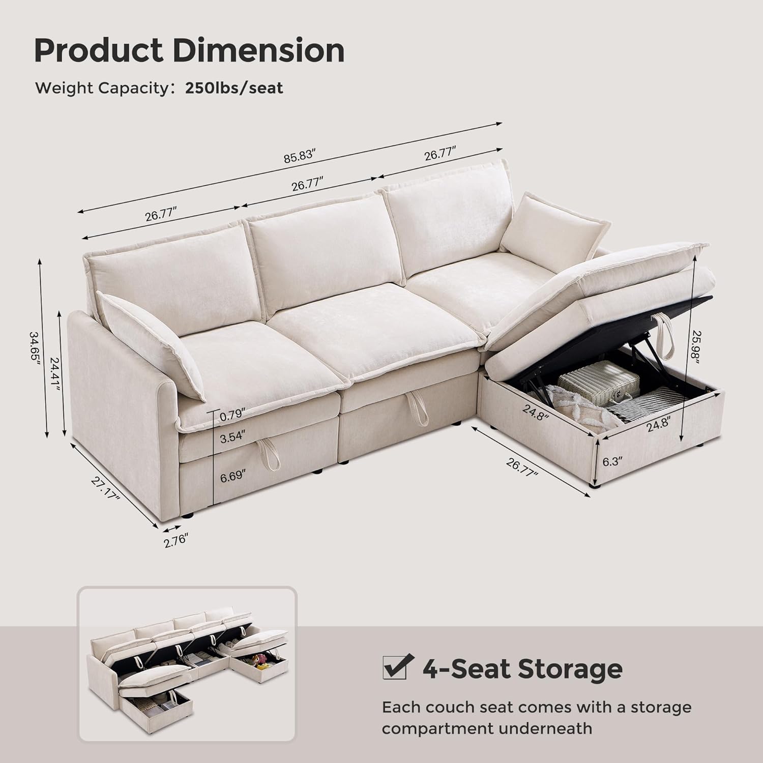 85.83" Sectional Couches for Living Room, Cloud Couch Sectional with Large Storage Ottoman, L-Shape Modular Sectional Sofa with 5 Seater Chenille Sofa and Pillow for Apartment, Bedroom, Beige