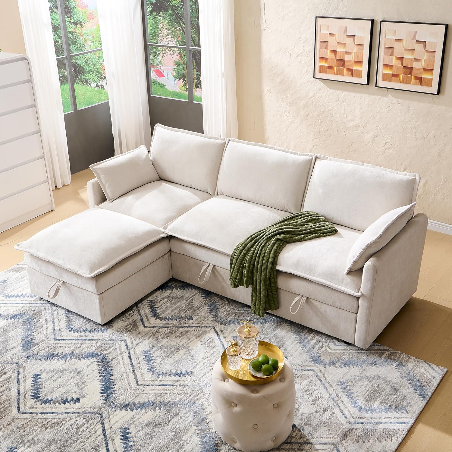 Alternative view of 85.83" Sectional Couches for Living Room, Cloud Couch Sectional with Large Storage Ottoman, L-Shape Modular Sectional Sofa with 5 Seater Chenille Sofa and Pillow for Apartment, Bedroom, Beige