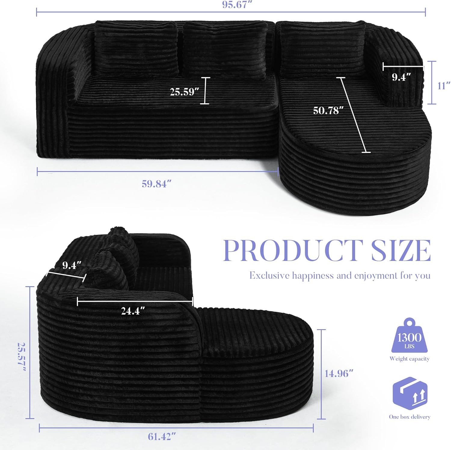 Hobestluk 96" Cloud Sectional Couch Modern Boneless Couch 3 Seater with Oversized Chaise L Shaped Modular Sofa Couches for Living Room Apartment No Assembly Required (Stripe Black,Right Facing Chaise)