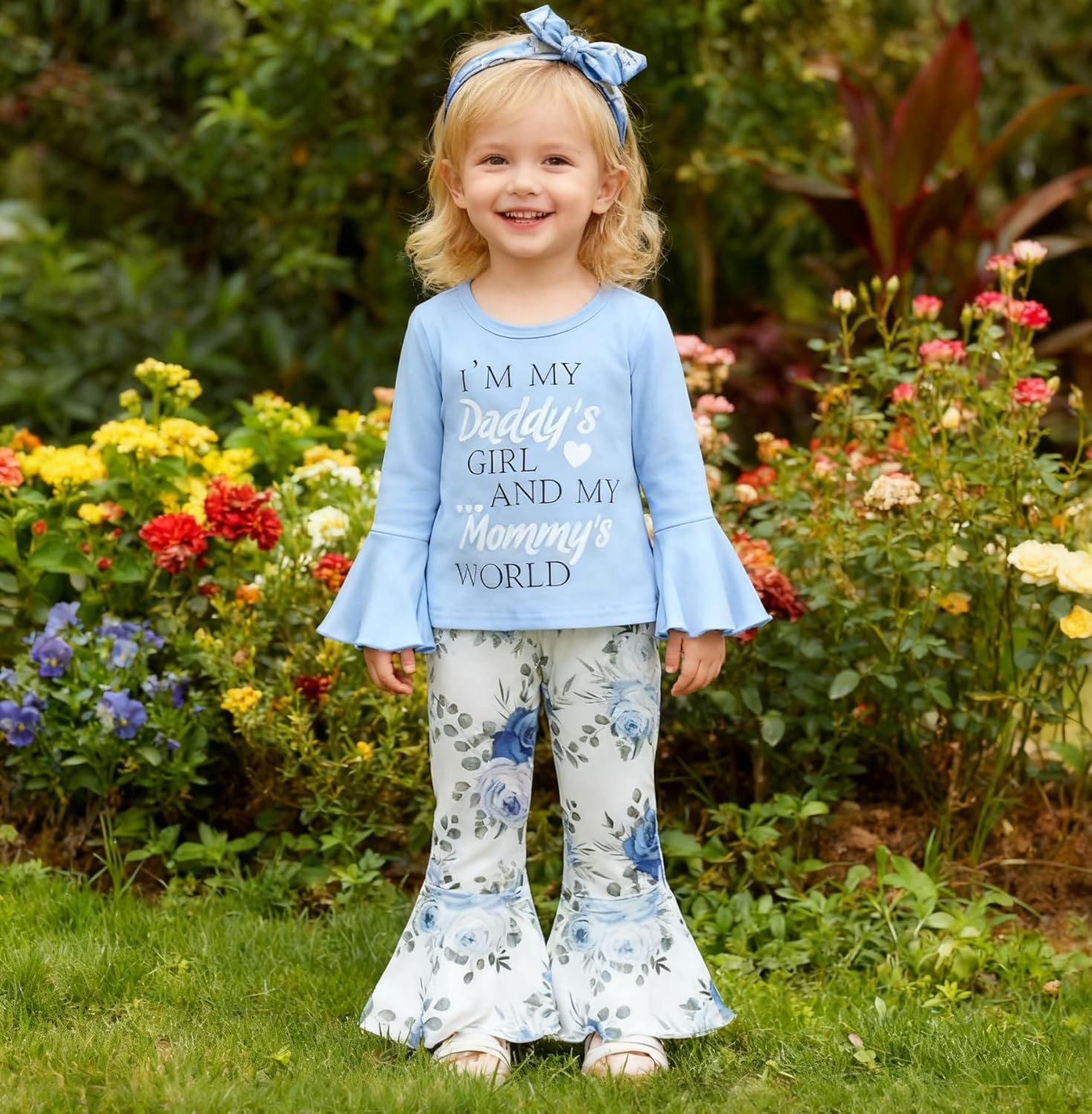 Alternative view of YALLET 3Pcs Toddler Baby Girl Clothes Girls Outfits Prints Top+ Flared Pants Fall Winter Girl Clothing Set 12 Months-5 Years