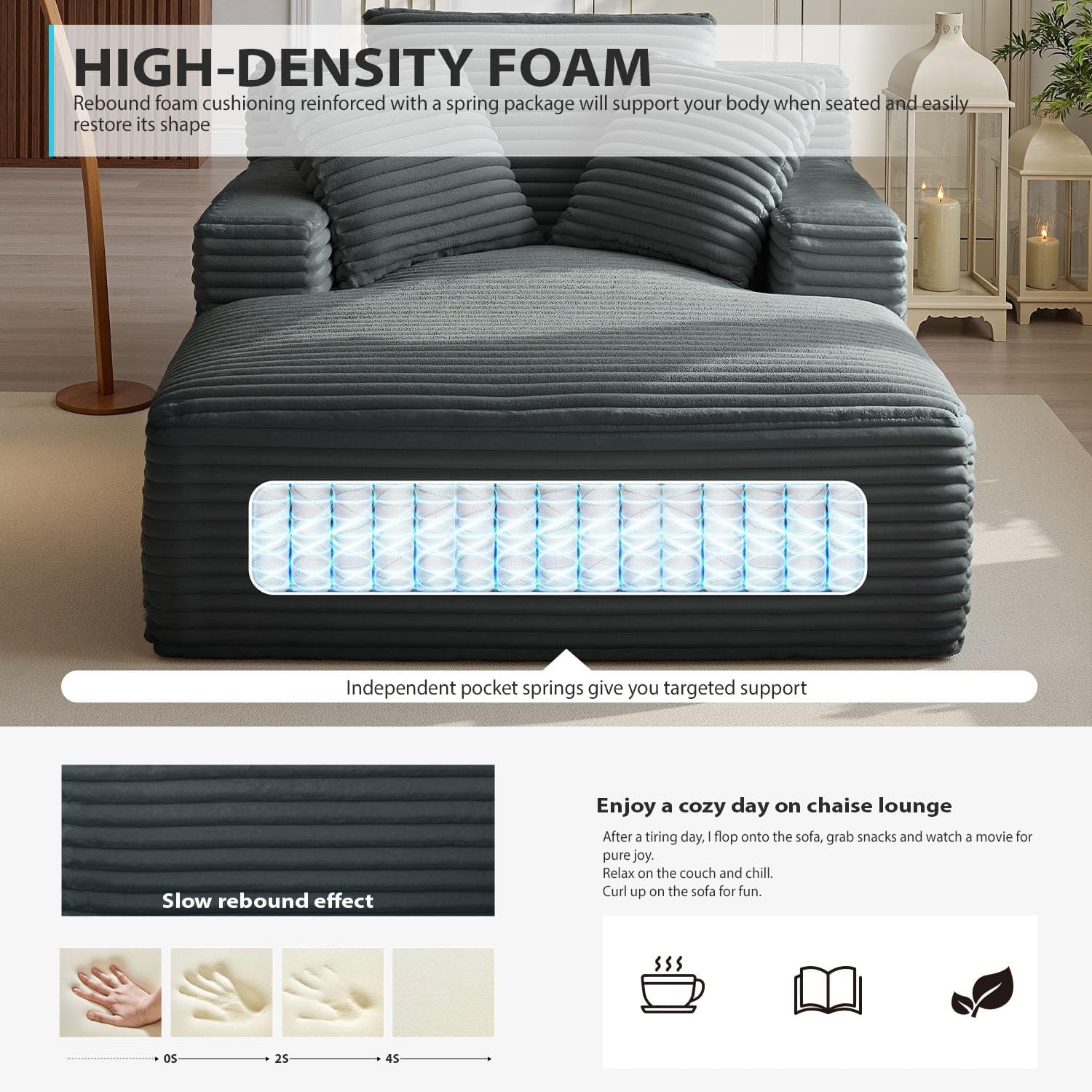 Alternative view of 50 Inch Chaise Lounge Chair Indoor, Oversized Corduroy Upholstered Boneless Sofa Bed, Deep Seat Sleeper Couch Reading Chairs, Cloud Sofas Couches for Living Room, No Assembly Required (Dark Grey)