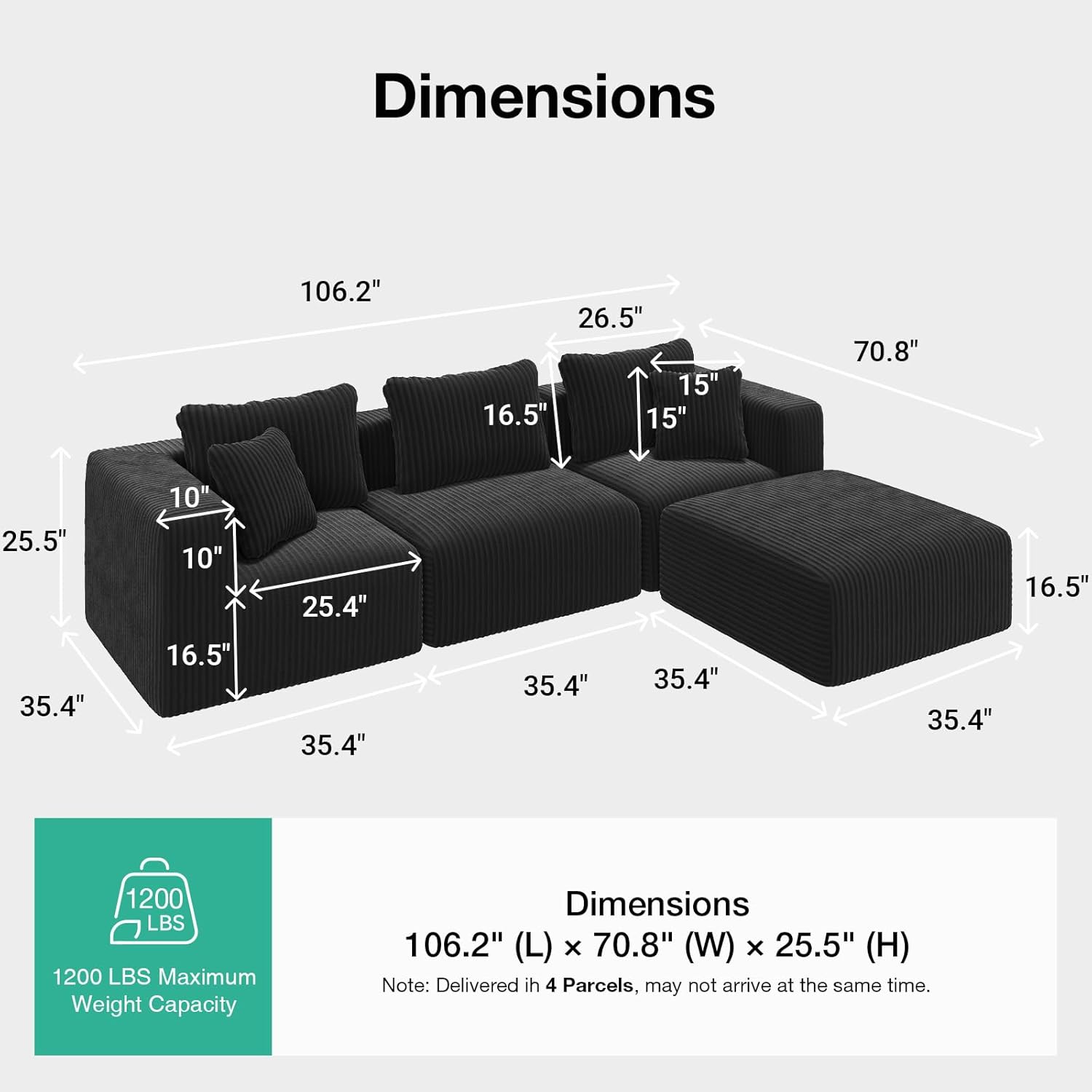Novilla 106" Modular Sectional Sofa, Modern Cloud Sectional Couch with Smarts Coil® Support, L-Shape Boneless Couch for Living Room Apartments Bedroom, No Assembly Required (3 Seater + 1 Ottoman)