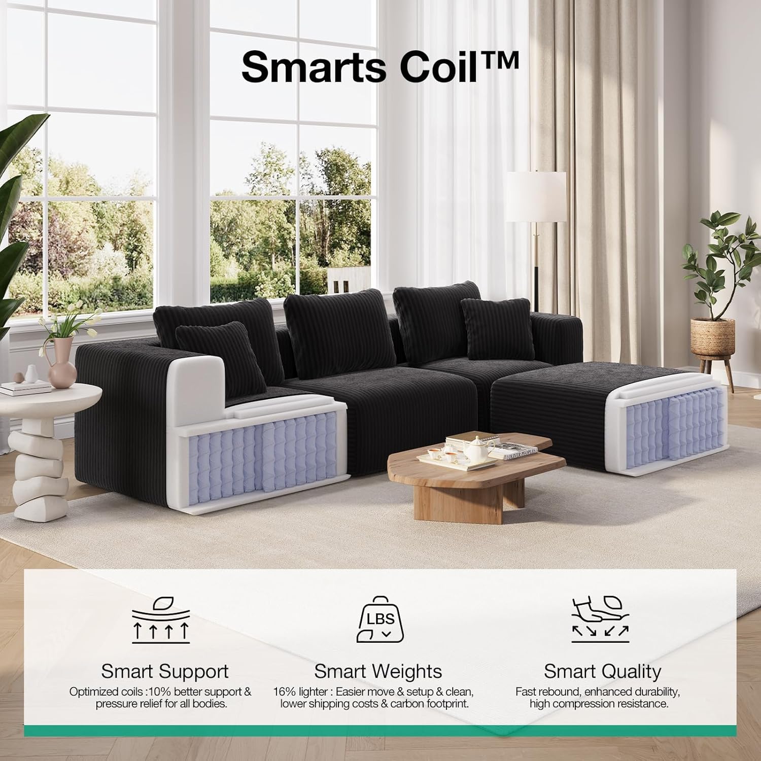 Alternative view of Novilla 106" Modular Sectional Sofa, Modern Cloud Sectional Couch with Smarts Coil® Support, L-Shape Boneless Couch for Living Room Apartments Bedroom, No Assembly Required (3 Seater + 1 Ottoman)
