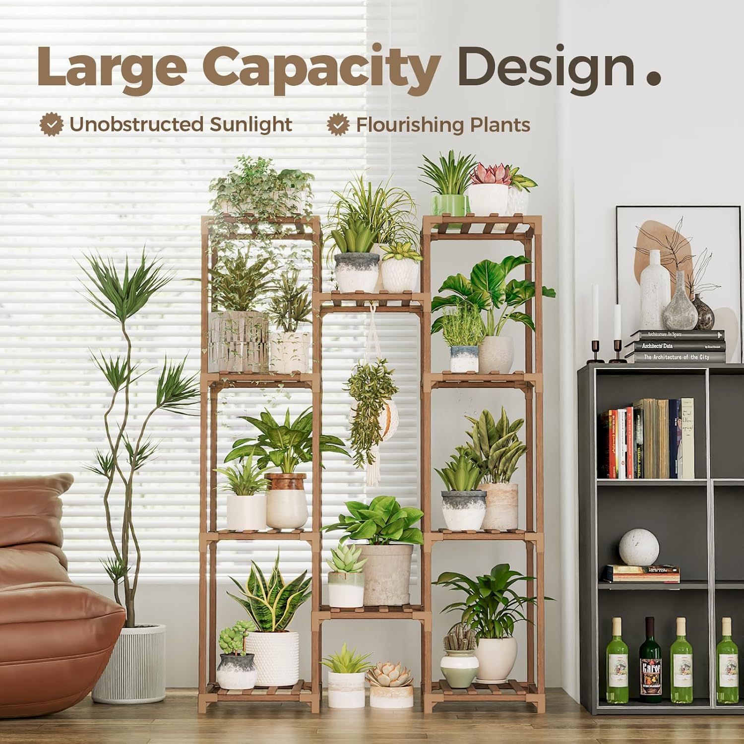 Alternative view of Bamworld Plant Stand Indoor Outdoor Tall Plant Shelf for Multiple Plants Pots Wood Flower Stand Large Flower Holder for Living Room, Patio, Balcony, Garden Decor, Brown