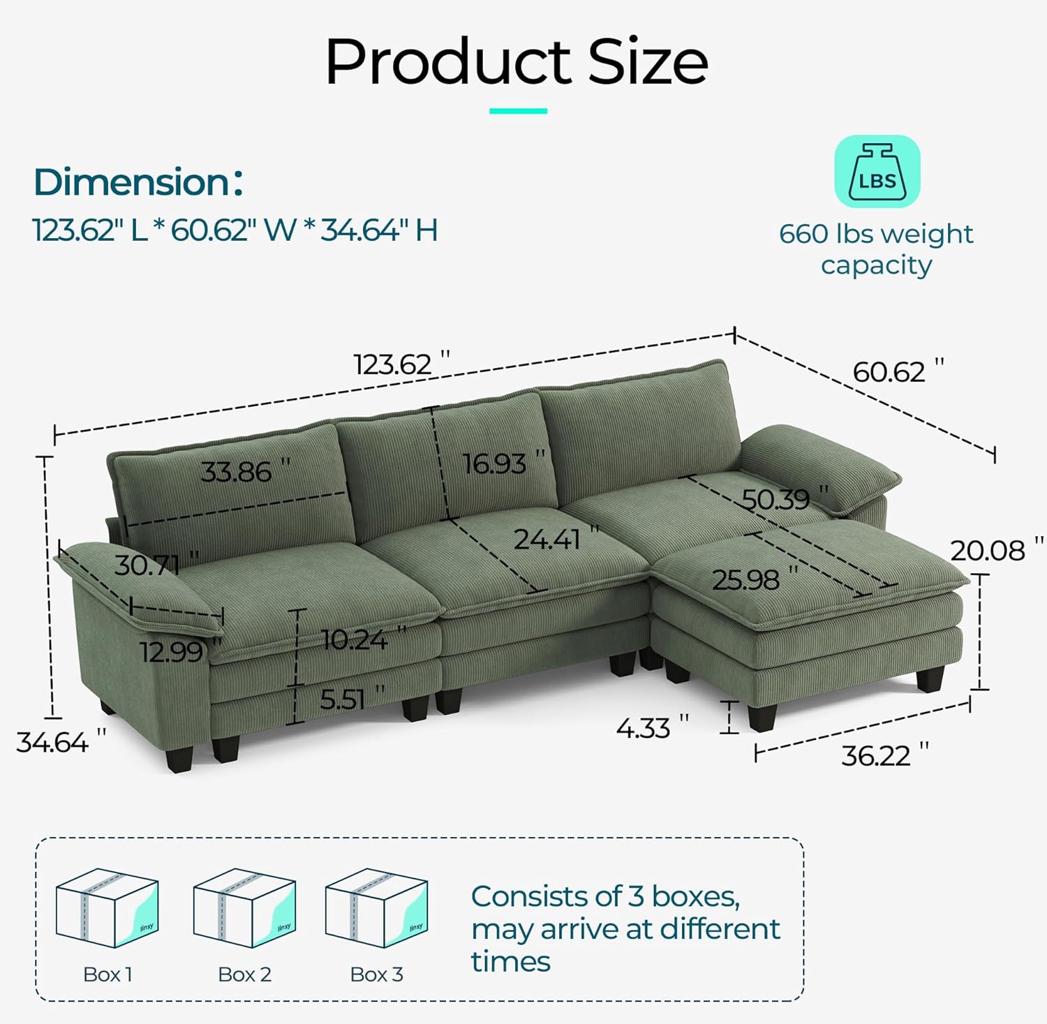 LINSY HOME 123'' Modular Sectional Sofa Green Couch Corduroy Cloud Couches for Living Room, L Shaped Couch with Movable Ottoman, Modern Cloud Sectional Sofas for Bedroom and Apartment, Green