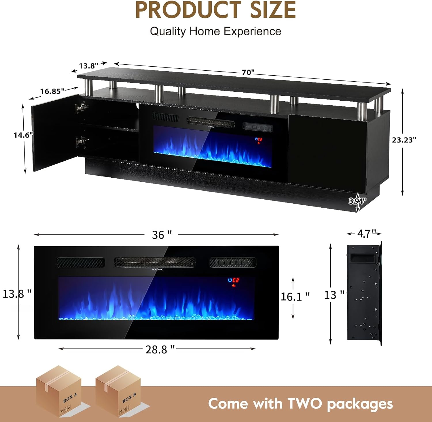 OneBlis 70" TV Stand for Living Room, Modern Entertainment Center & Media Console, Fits TVs up to 80", Storage Cabinet with Shelves, 36" Electric Fireplace with LED Flame (All Black)