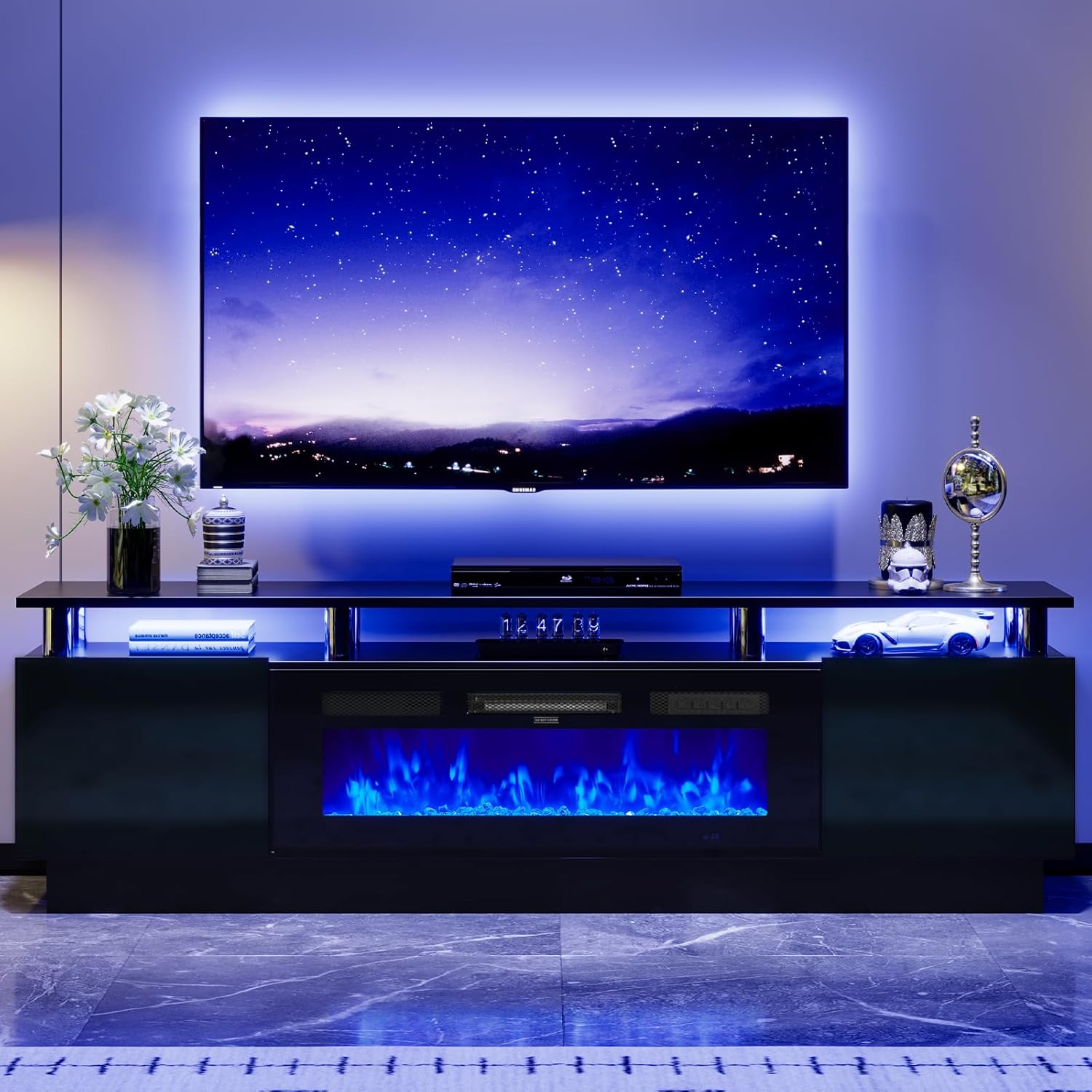 Alternative view of OneBlis 70" TV Stand for Living Room, Modern Entertainment Center & Media Console, Fits TVs up to 80", Storage Cabinet with Shelves, 36" Electric Fireplace with LED Flame (All Black)