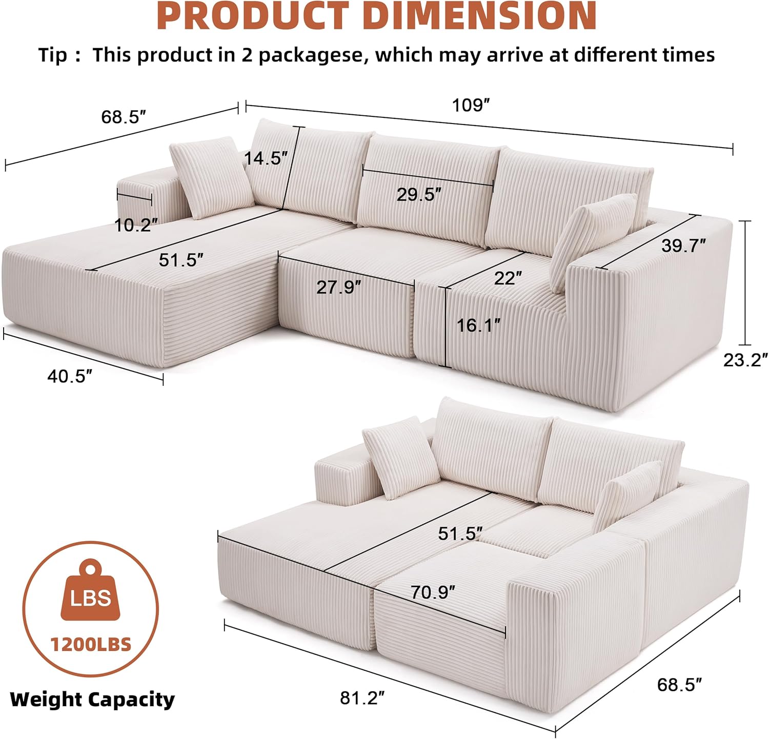 Alternative view of 108u201D Modular Sectional Sofa, Cloud Sectional Couch with Deep Seat, Modern Modular L-Shape Sofa Couch with Chaise,Upholstered Boneless Couches for Living Room Bedroom (Beige, Left Facing Chaise)