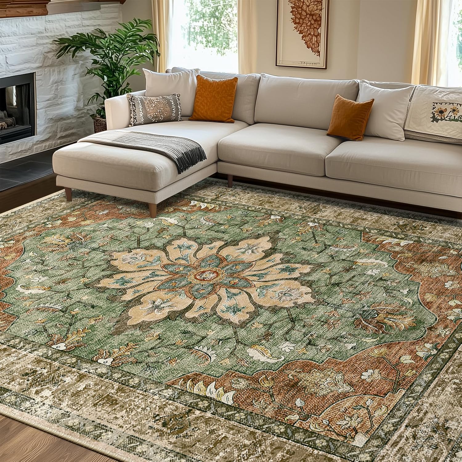 RELEANY Area Rugs 8'x10' Washable Non-Slip, Floral Vintage Distress Print Pattern Medallion Carpet for Living Room Bedroom Dining Room, Brick Red Rust Neutral Brown Burnt Orange Green