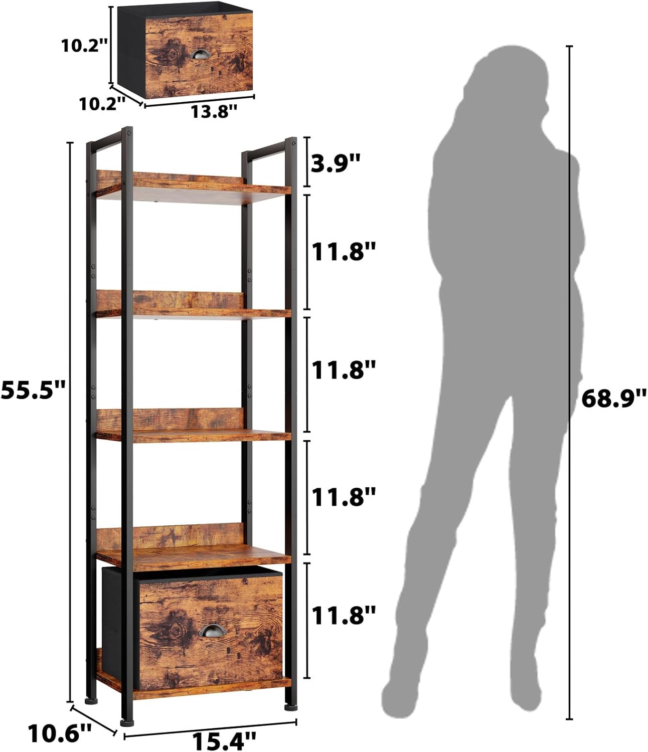 Alternative view of Furologee 5 Tier Bookshelf with Drawer, Tall Narrow Bookcase with Shelves, Wood and Metal Bookshelves Storage Organizer, Industrial Display Standing Shelf Unit for Bedroom, Living Room, Rustic Brown