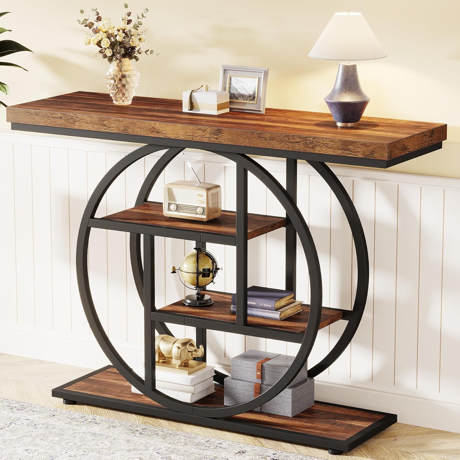 Alternative view of Tribesigns 41.3" Console Table, Industrial 4-Tier Sofa Table Entryway Table with Circle Base, Narrow Wood Accent Tables with Storage Shelves for Living Room, Hallway, Foyer, Rustic Brown