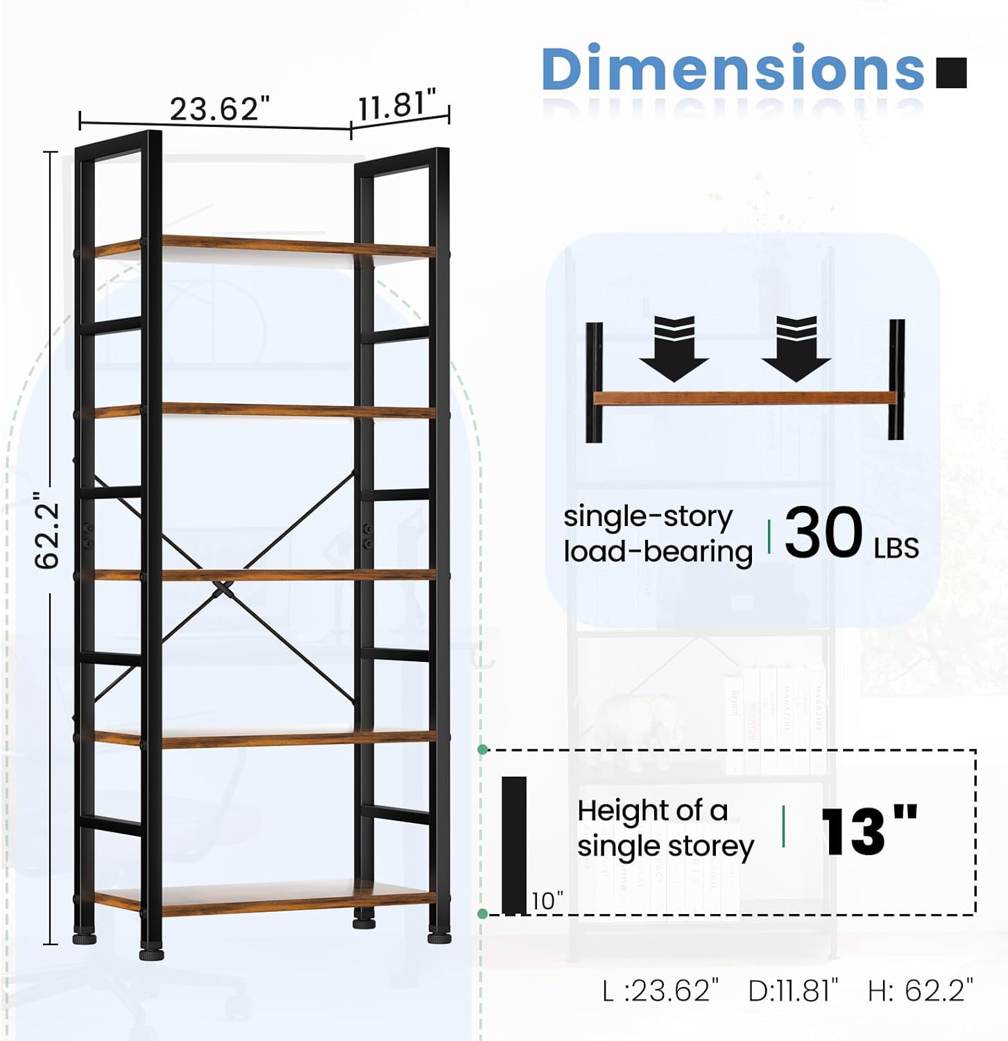 Alternative view of DUMOS 5 Tiers Bookshelf, Classical Modern Book Shelf, Tall Display Shelves in Living Room/Home/Office, Storage Organizer for CDs/Books/Movies, Rustic Brown | Book Shelf, in Living Room, Home, Office, Storage Organizer, for CDs
