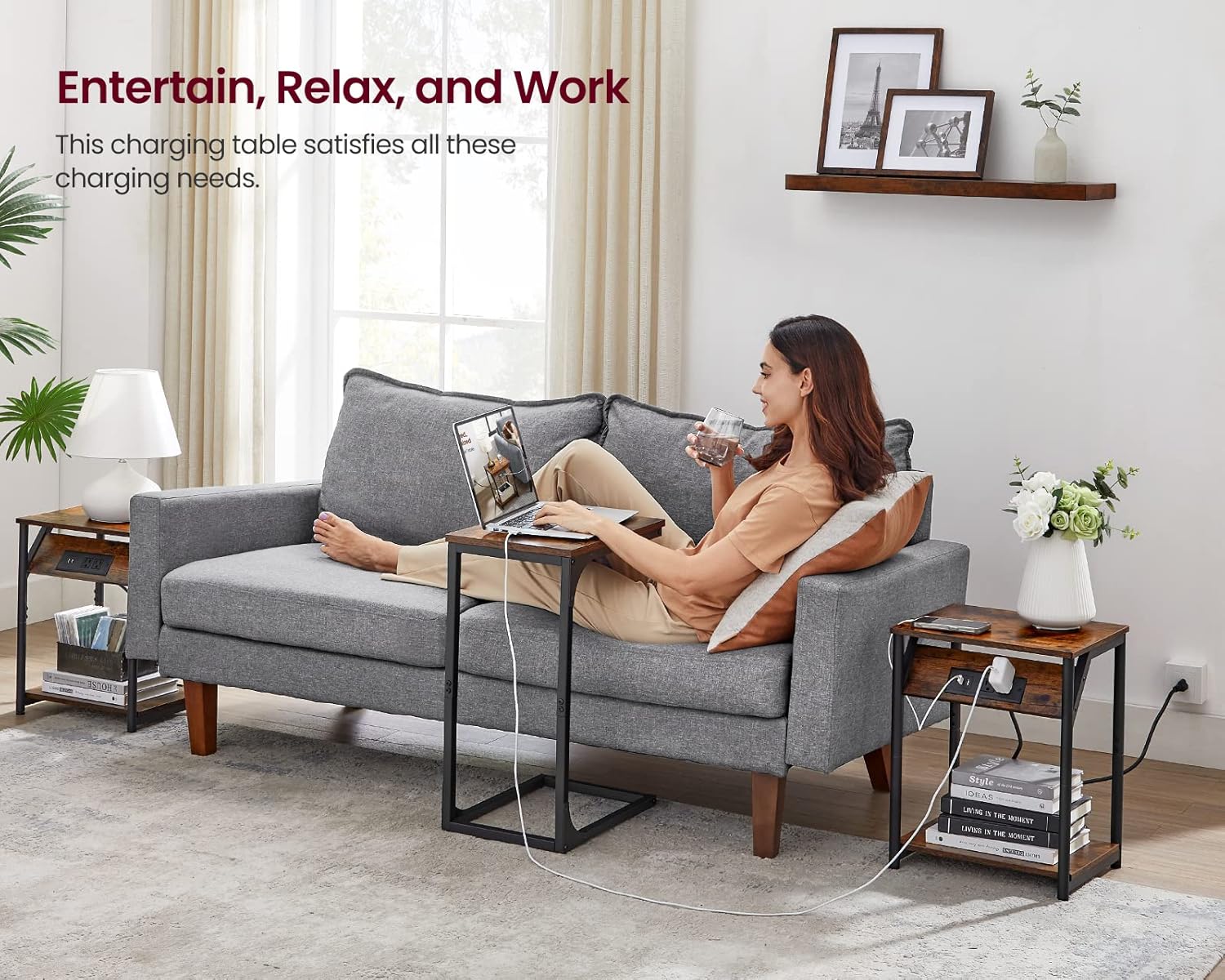 Alternative view of VASAGLE End Table with Charging Station, Set of 2, Small Side Tables for Living Room, Bedroom, Nightstand with Outlets and USB Ports, Bedside Table with Storage Shelf, Rustic Brown and Black