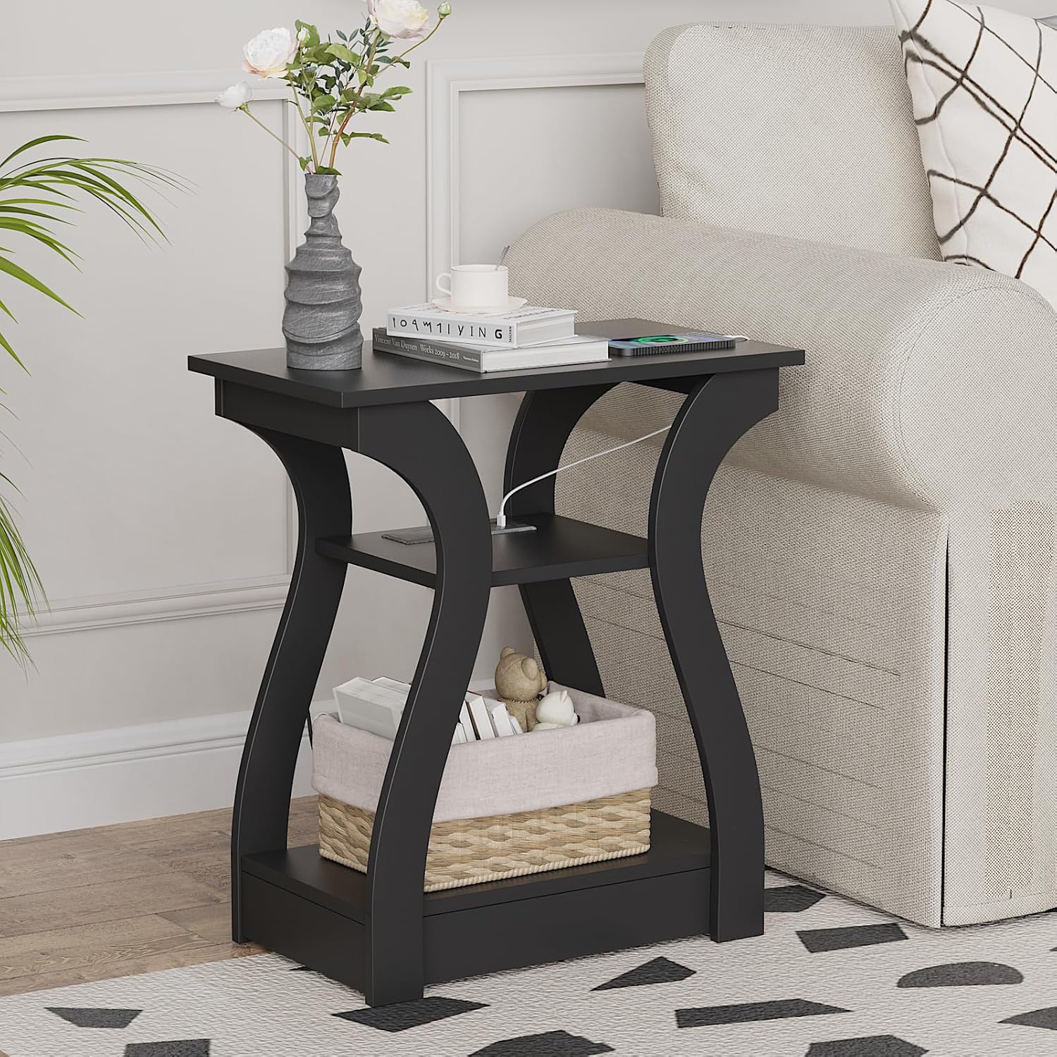 FROMJBEST Black End Table Set of 2 with Charging Station, Side Table with USB Ports and Outlets, Black Nightstand, 3 Tier End Table with Storage Shelf for Living Room, Bedroom