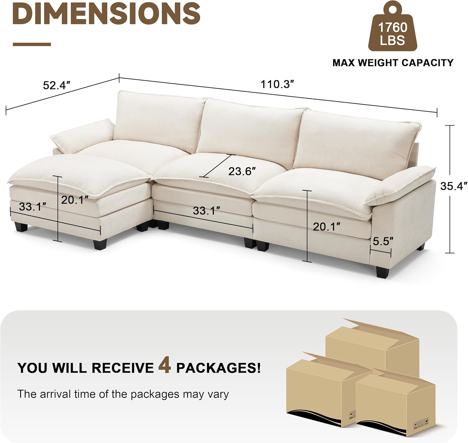 SUAWY 114 Inch Modular Couch Sectionals with Ottoman, Big Comfy Cloud Couches, L Shaped 4 Seat Modular Sectional Sofa, Modern Cloud Sectional Couches for Living Room, Deep Seat Sofa, Beige