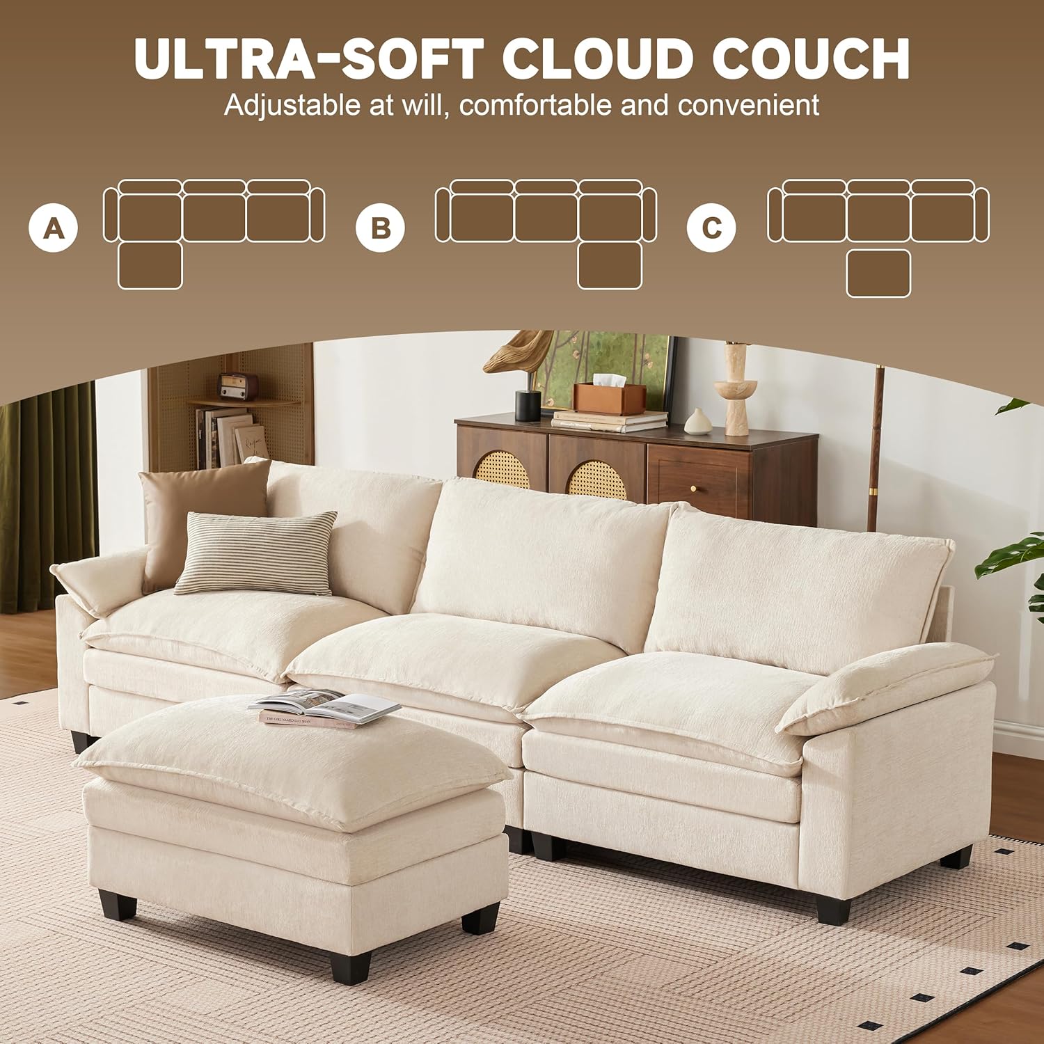 Alternative view of SUAWY 114 Inch Modular Couch Sectionals with Ottoman, Big Comfy Cloud Couches, L Shaped 4 Seat Modular Sectional Sofa, Modern Cloud Sectional Couches for Living Room, Deep Seat Sofa, Beige