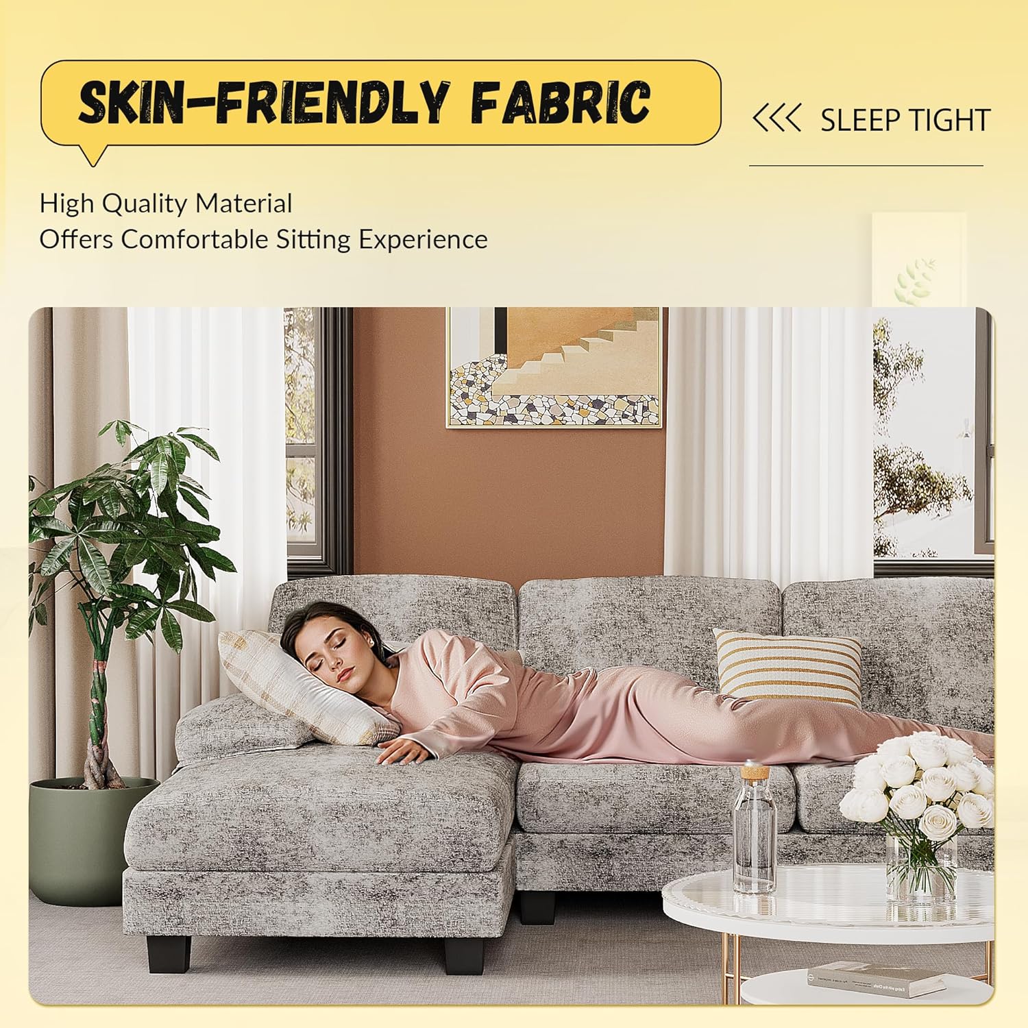 Alternative view of JUMMICO Sectional Couches for Living Room, U Shaped Couch with Chenille Fabric, 4 Seat Modern Sofa with Removable Pillows for Apartment and Small Space (Fabric, Grey)