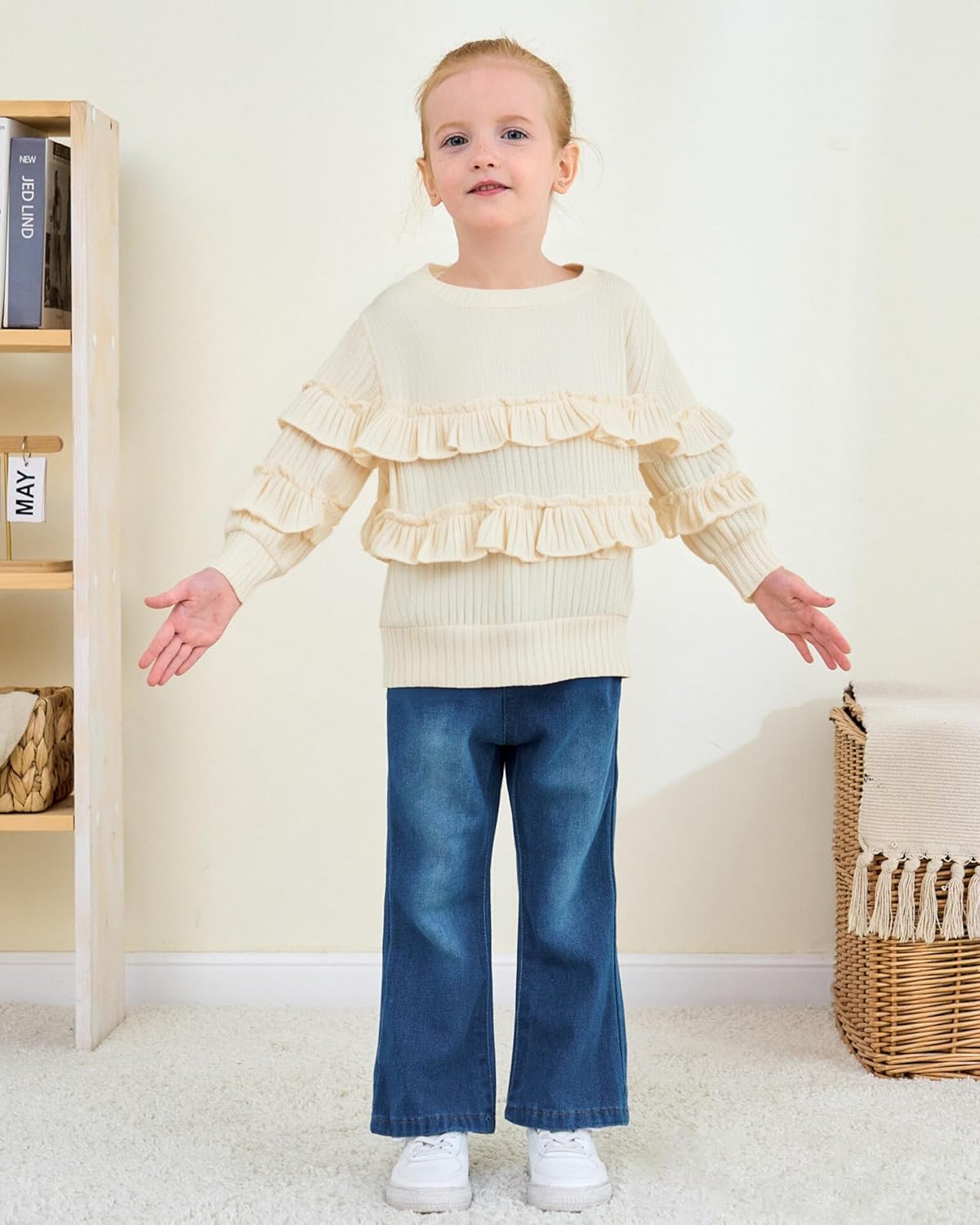 SODLON Toddler Baby Girl Clothes Kids Outfits Ruffle Heart Sweatshirt Jeans Denim Pants Set Little Girls Clothing