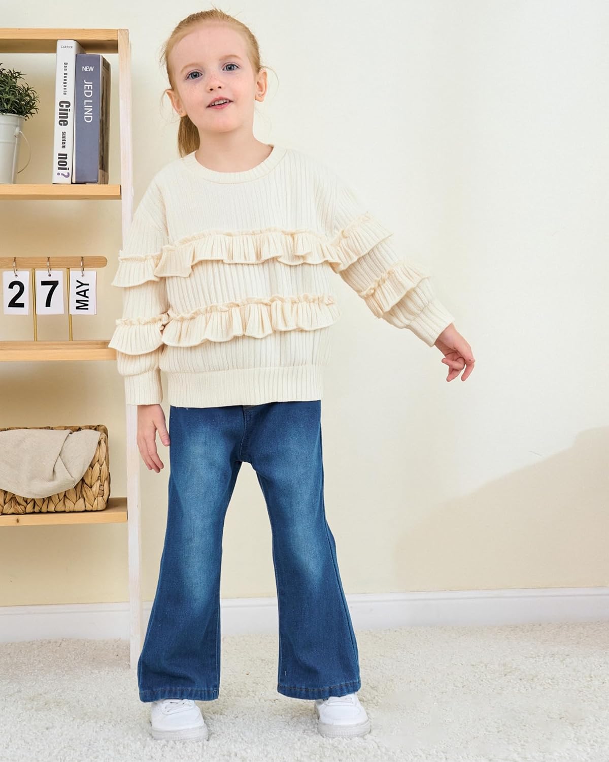 Alternative view of SODLON Toddler Baby Girl Clothes Kids Outfits Ruffle Heart Sweatshirt Jeans Denim Pants Set Little Girls Clothing