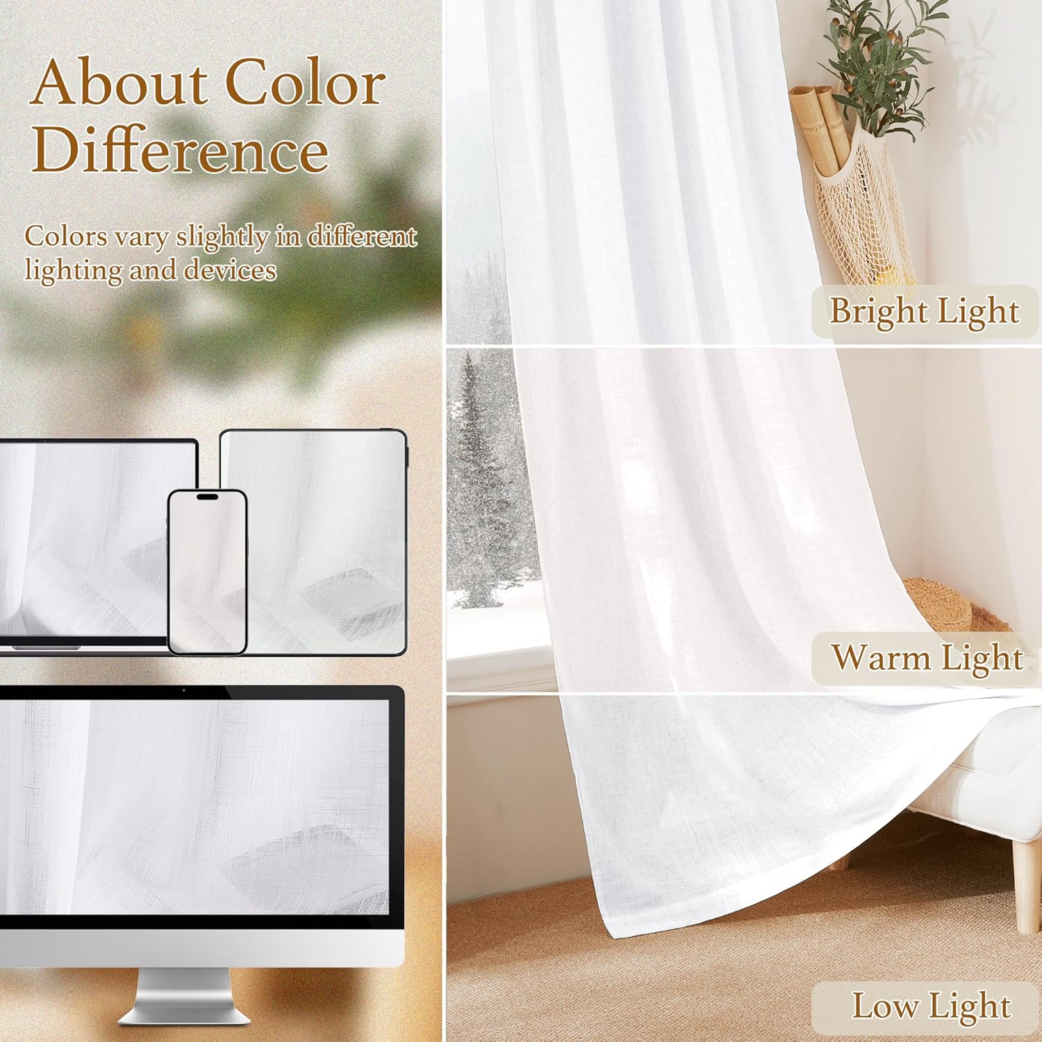 RYB HOME White Semi Sheer Curtains 84 inches Long - Living Room Curtains for Half Privacy, Linen Textured Sheer Light Filtering Vertical Window Drapes for Bedroom Dining, Width 52 inch, 2 Panels - Image 5