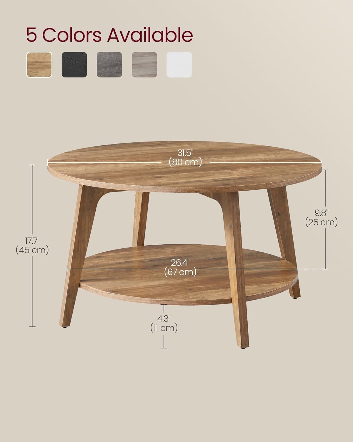 Alternative view of VASAGLE MAEZO Collection - Round Coffee Table, 2-Tier Center Table with Storage, Tapered Legs, Curved Transitions, 31.5 Dia. x 17.7 H Inches, Easy Assembly, for Living Room, Honey Brown ULCT243K41