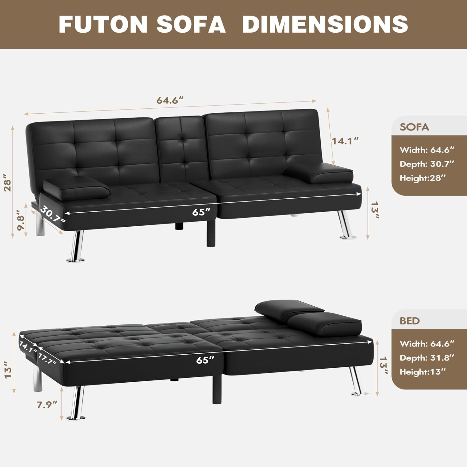 Alternative view of Homall Futon Sofa Bed, Leather Futon Couch with Removable Armrests, Adjustable Recliner Sleeper Sofa Bed with Dual Cup Holders for Living Room, Apartment, Office (Black)