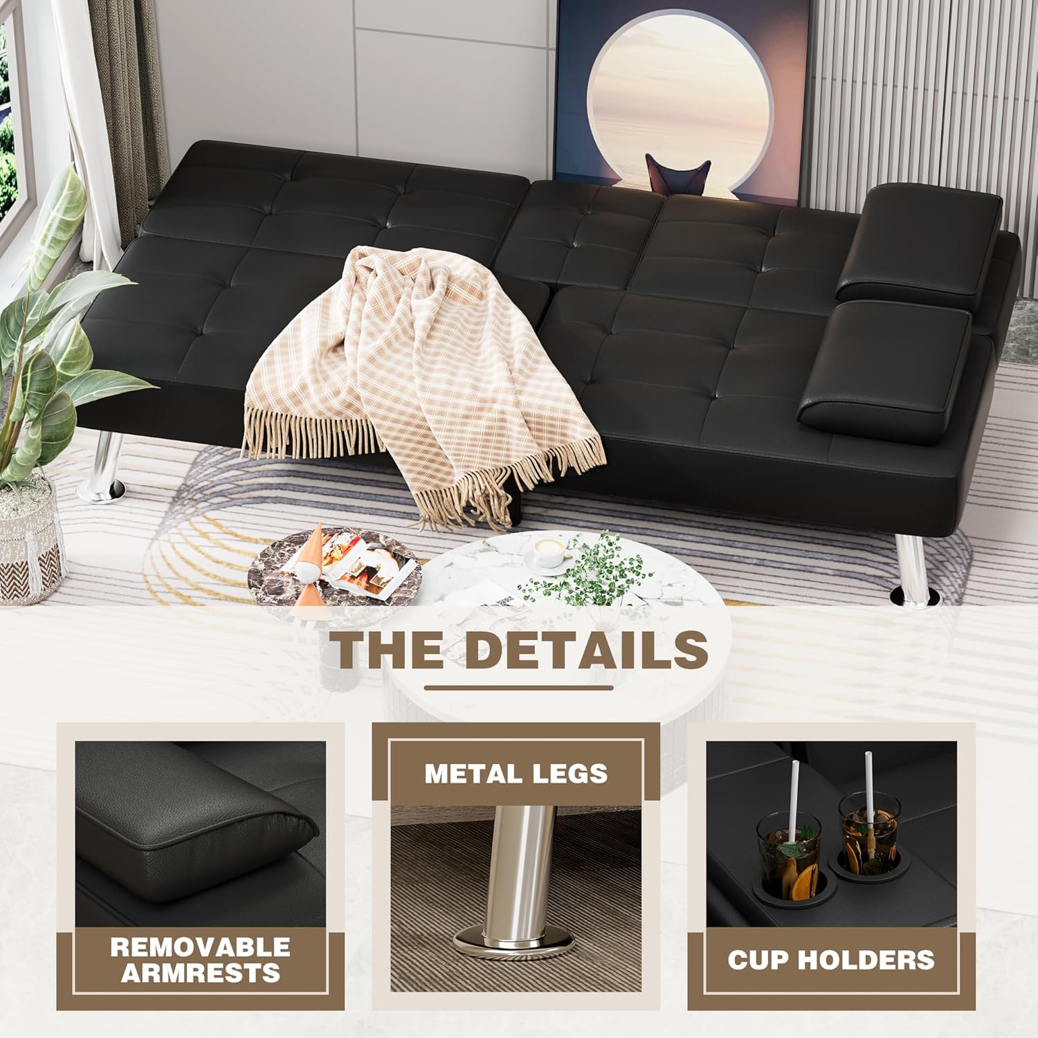 Homall Futon Sofa Bed, Leather Futon Couch with Removable Armrests, Adjustable Recliner Sleeper Sofa Bed with Dual Cup Holders for Living Room, Apartment, Office (Black) - Image 3