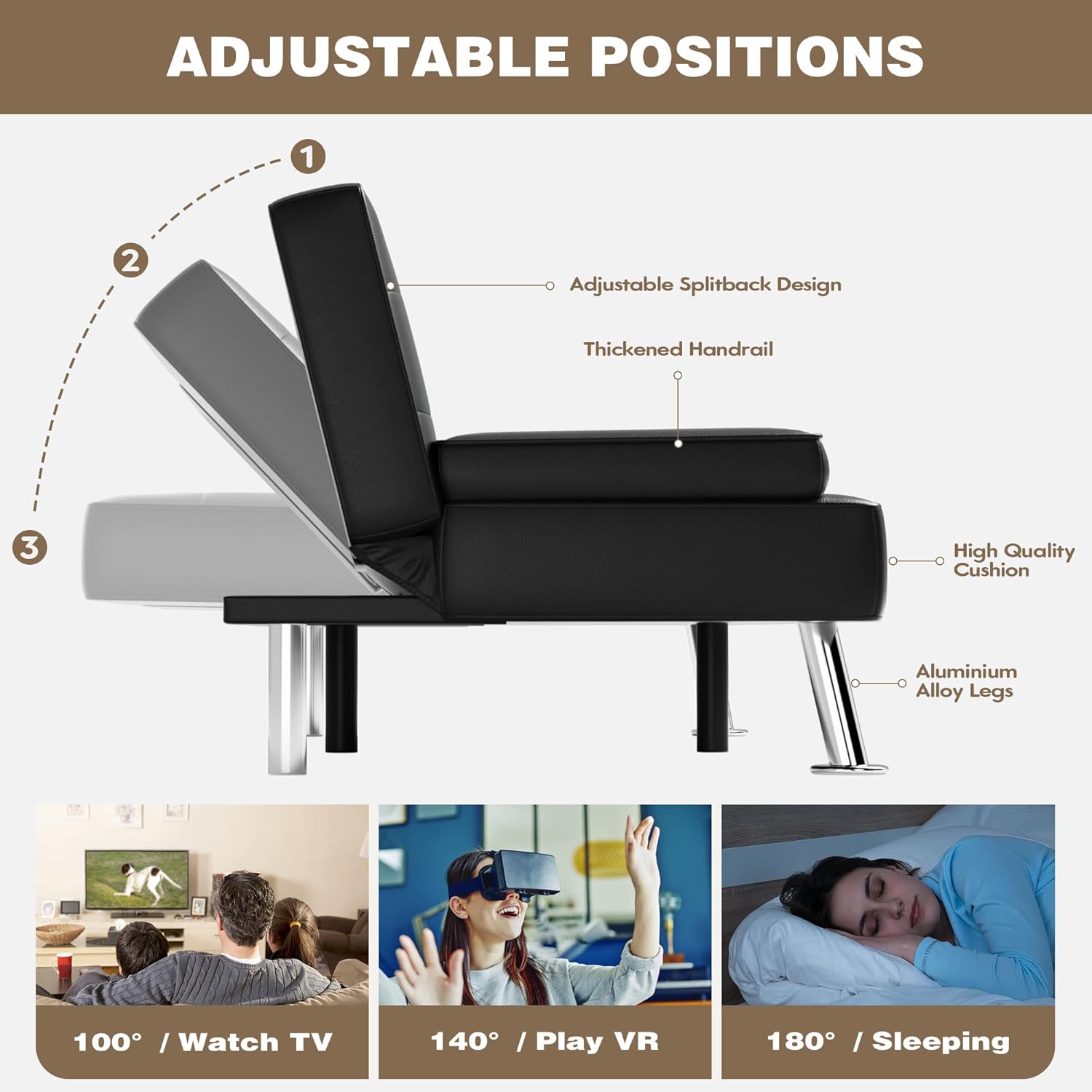 Homall Futon Sofa Bed, Leather Futon Couch with Removable Armrests, Adjustable Recliner Sleeper Sofa Bed with Dual Cup Holders for Living Room, Apartment, Office (Black) - Image 4