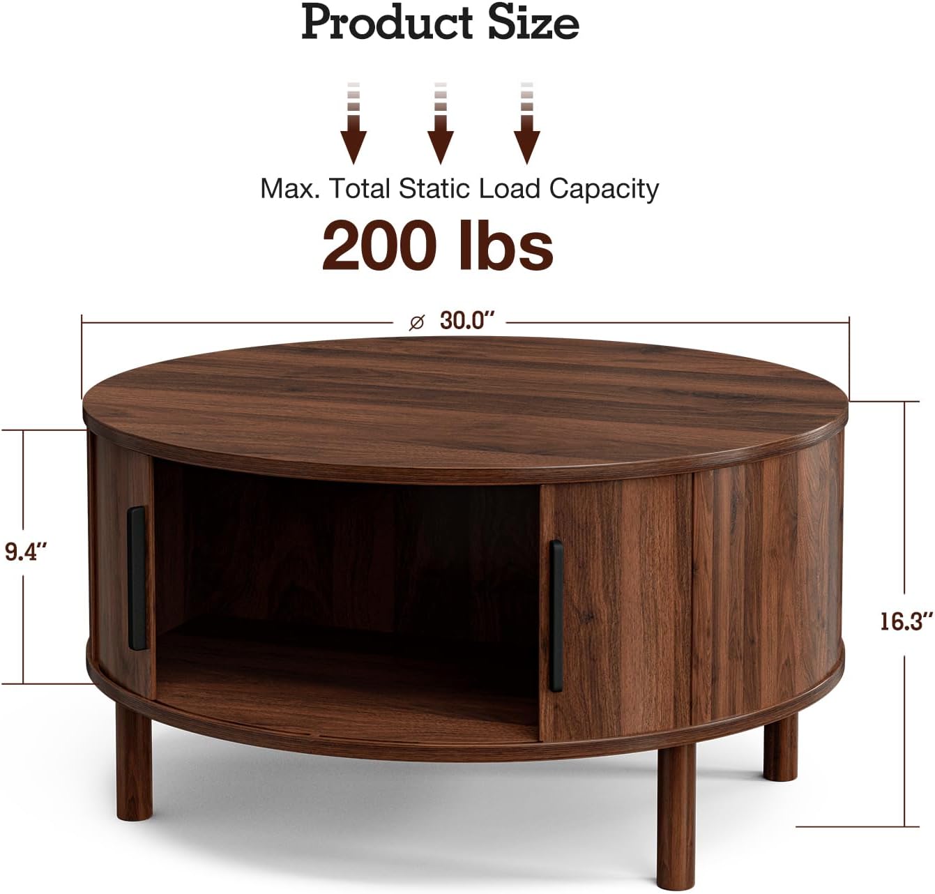 ZttRiee Coffee Table for Living Room, Modern Round Coffee Table with Cabinets & Sliding Doors, Home Small Space, 29.9" Fluted Center Table, Walnut