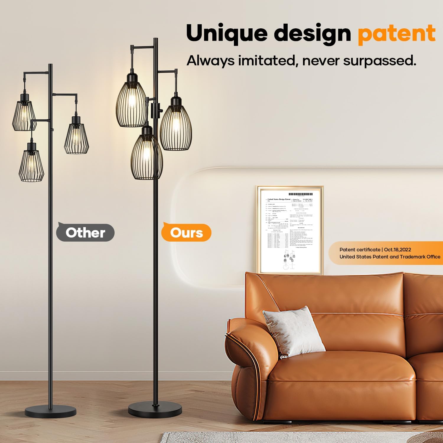 Dimmable Floor Lamp, 3 x 800LM LED Edison Bulbs Included, Farmhouse Industrial Floor Lamp Standing Tree Lamp with Elegant Teardrop Cage Tall Lamps for Living Room Bedroom Office Dining Room-Black - Image 6