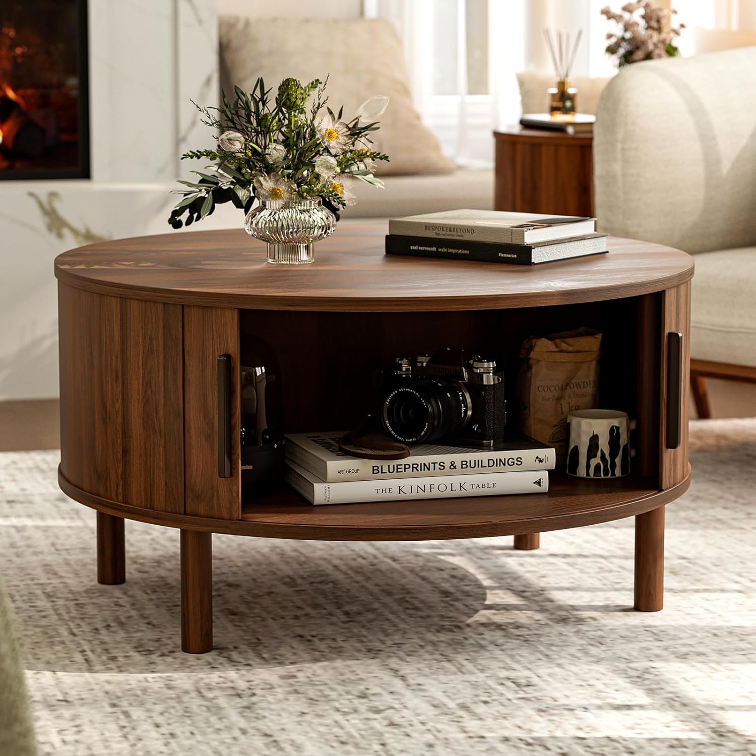 Alternative view of ZttRiee Coffee Table for Living Room, Modern Round Coffee Table with Cabinets & Sliding Doors, Home Small Space, 29.9" Fluted Center Table, Walnut