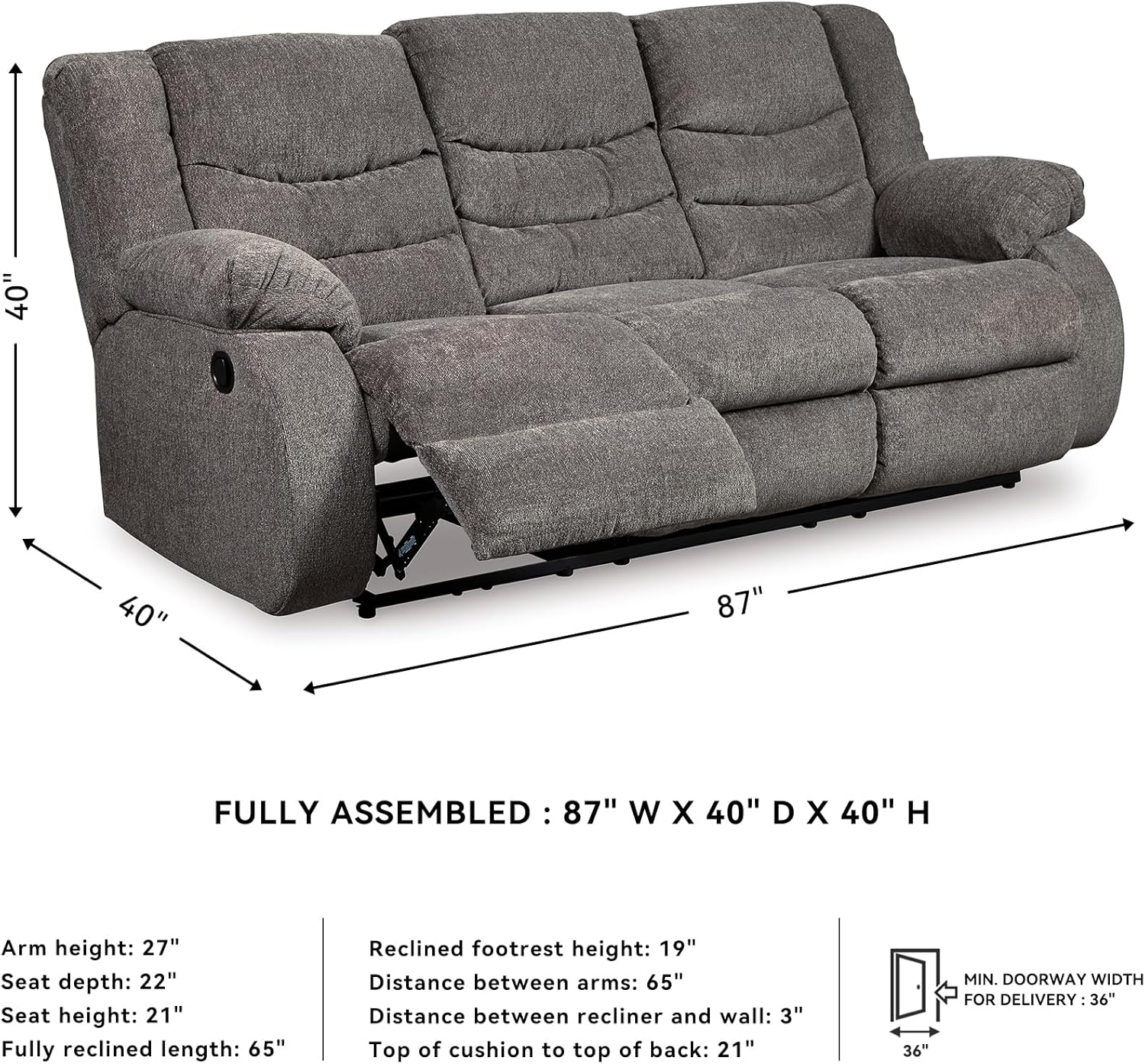 Alternative view of Signature Design by Ashley Tulen Modern Manual Pull Tab Reclining Sofa, Dark Gray