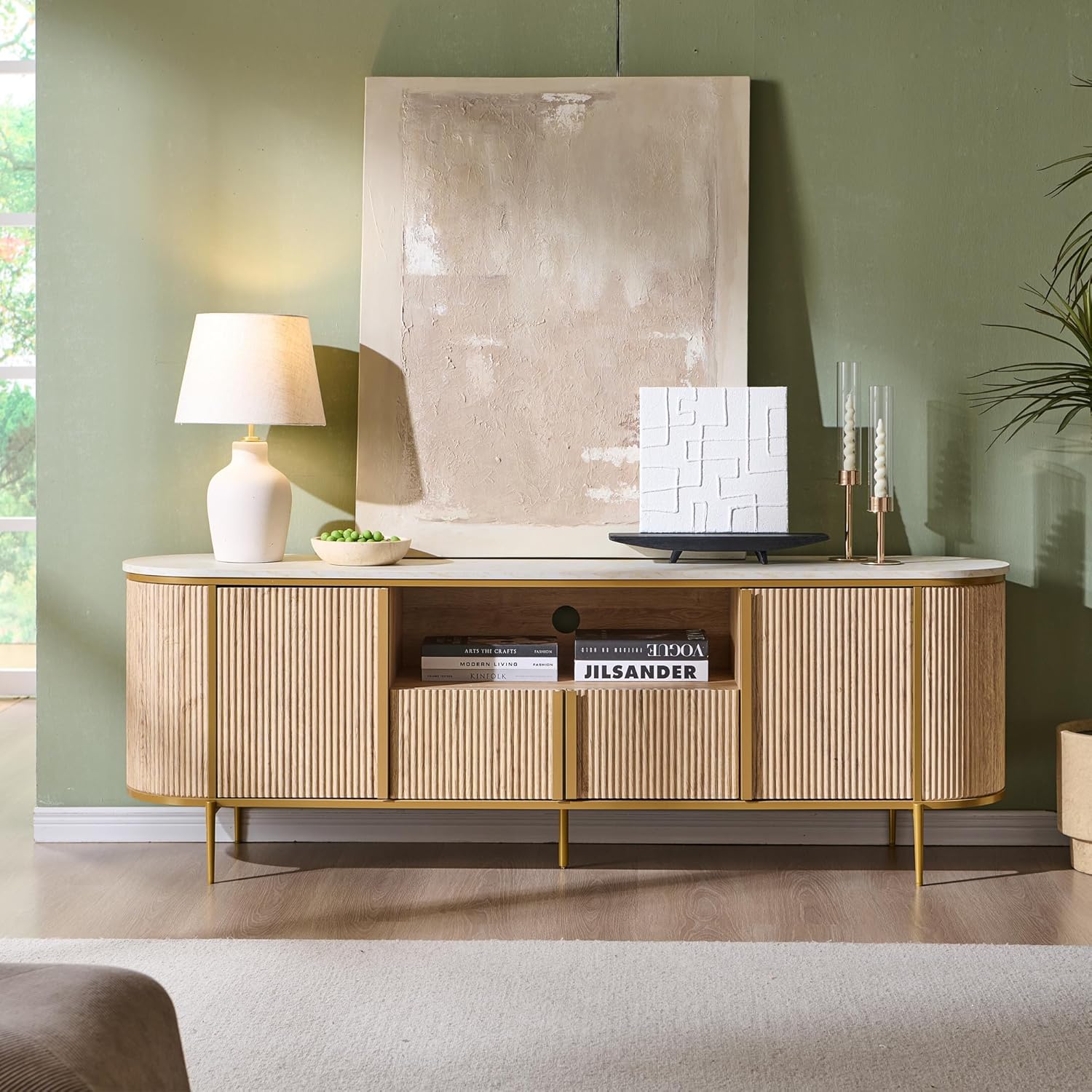 Alternative view of OKD Luxury 70" Fluted TV Stand, Modern Chic Entertainment Center for TVs Up to 80 inches, TV Console with Faux Marble Top, Curved Profile Design, Media Console for Living Room, Natural Oak