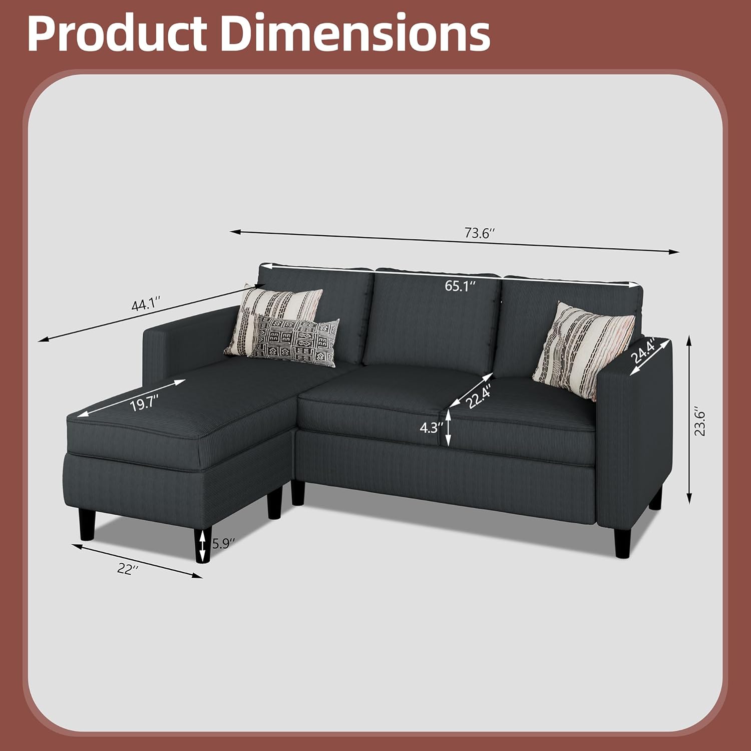 Nuturelly Convertible Sectional Sofa Couch with Movable Ottoman, 3-Seater Modern L-Shaped Sofa for Small Spaces, Soft Fabric Couch for Living Room, Small Apartment & Office(Dark Gray)