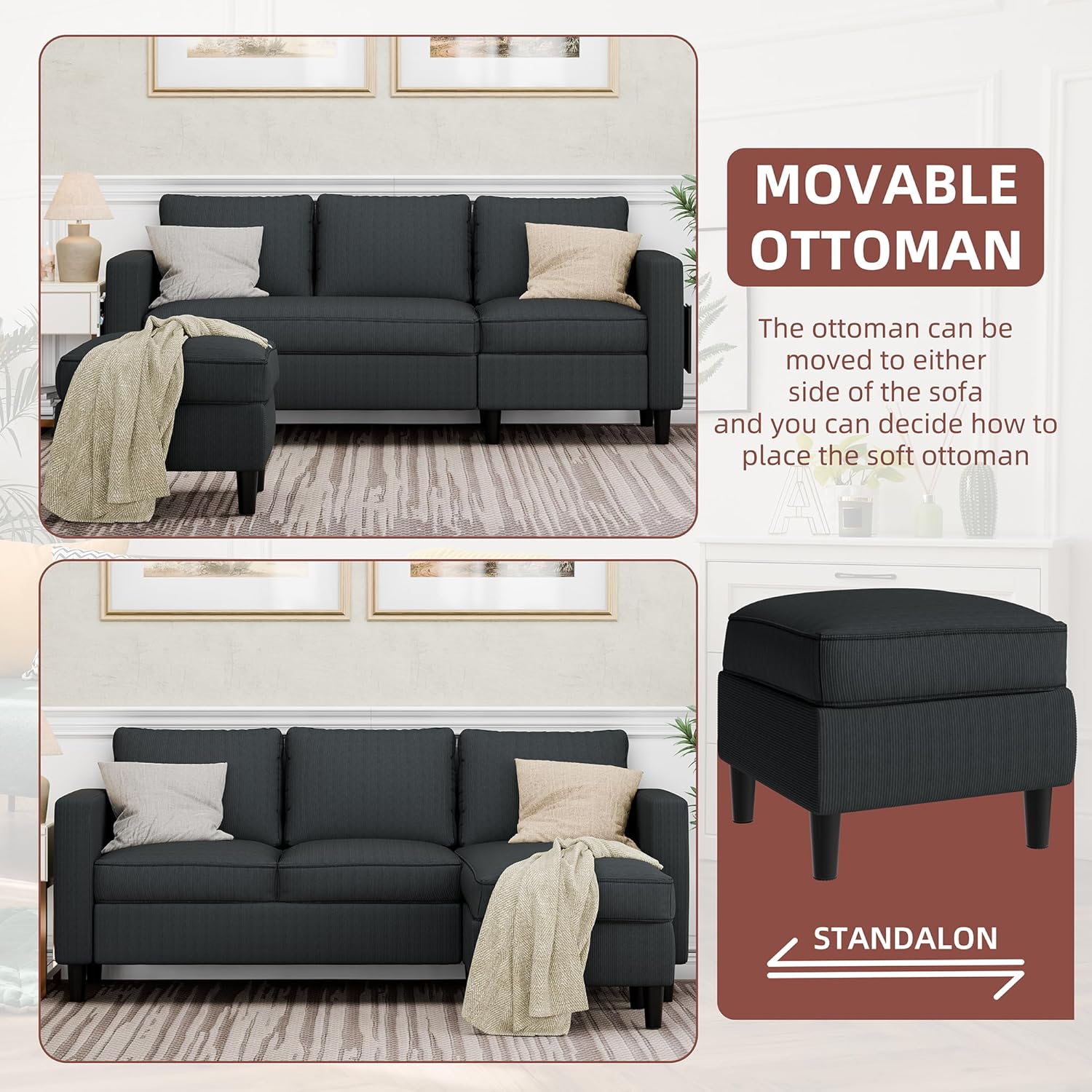 Alternative view of Nuturelly Convertible Sectional Sofa Couch with Movable Ottoman, 3-Seater Modern L-Shaped Sofa for Small Spaces, Soft Fabric Couch for Living Room, Small Apartment & Office(Dark Gray)