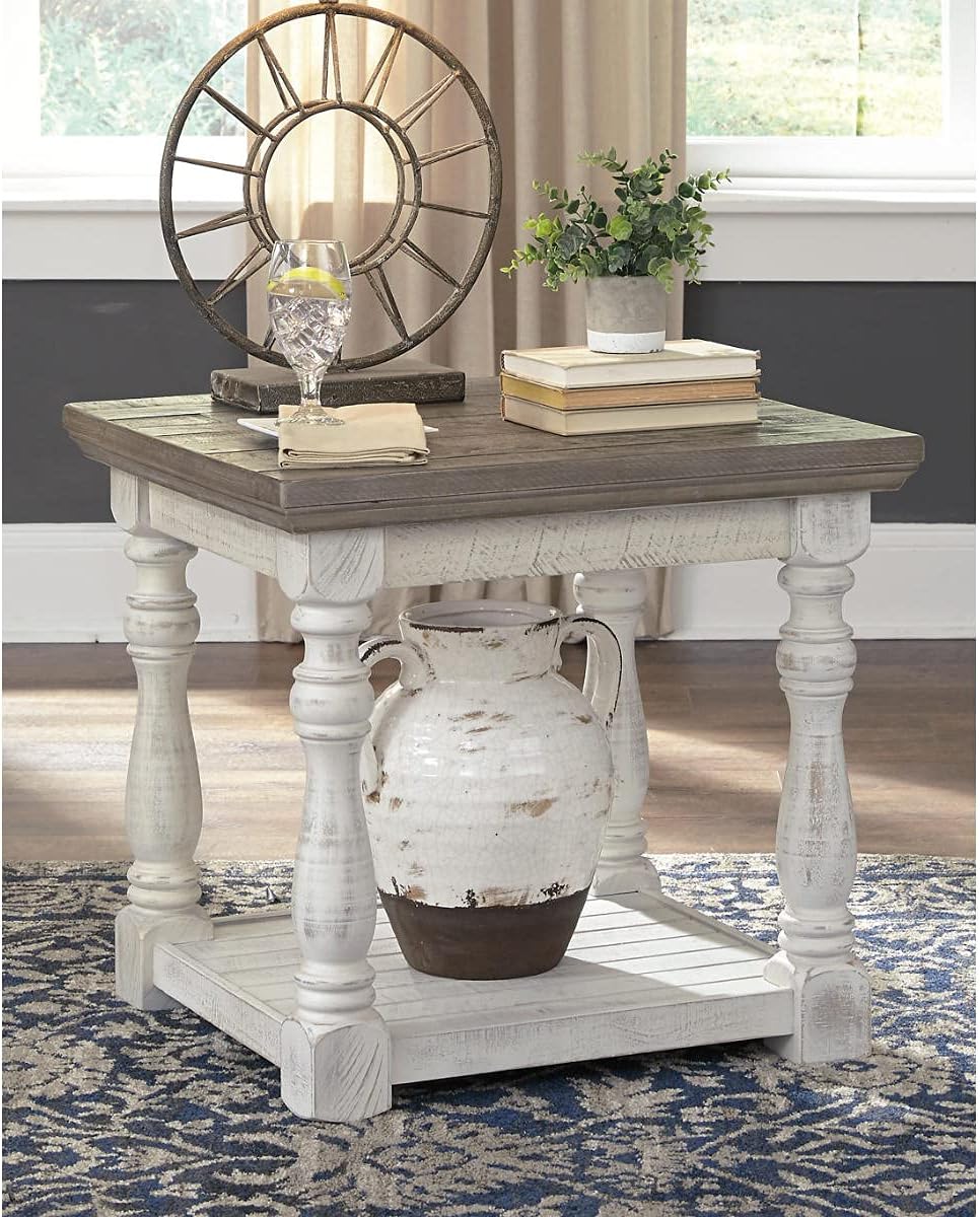 Signature Design by Ashley Havalance Farmhouse Rectangular End Table, Floor Shelf, Wood, 26" W x 24.13" D x 24" H, Vintage Gray & White with Weathered Finish