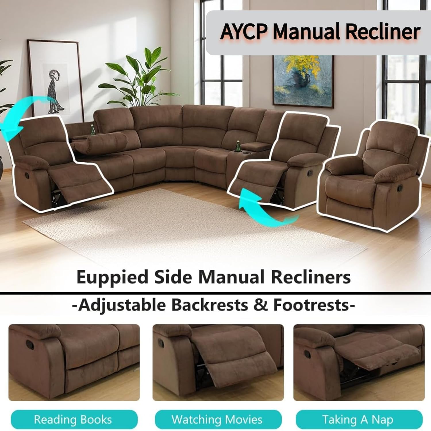 Alternative view of Manual Reclining Sofa Set with Drop-Down Table, Corduroy Sofa Sets, Living Room Furniture Sets, Modern Manual Recliner Sofa Sets with Storage Console for Living Room (Brown, Sectional+Chair)