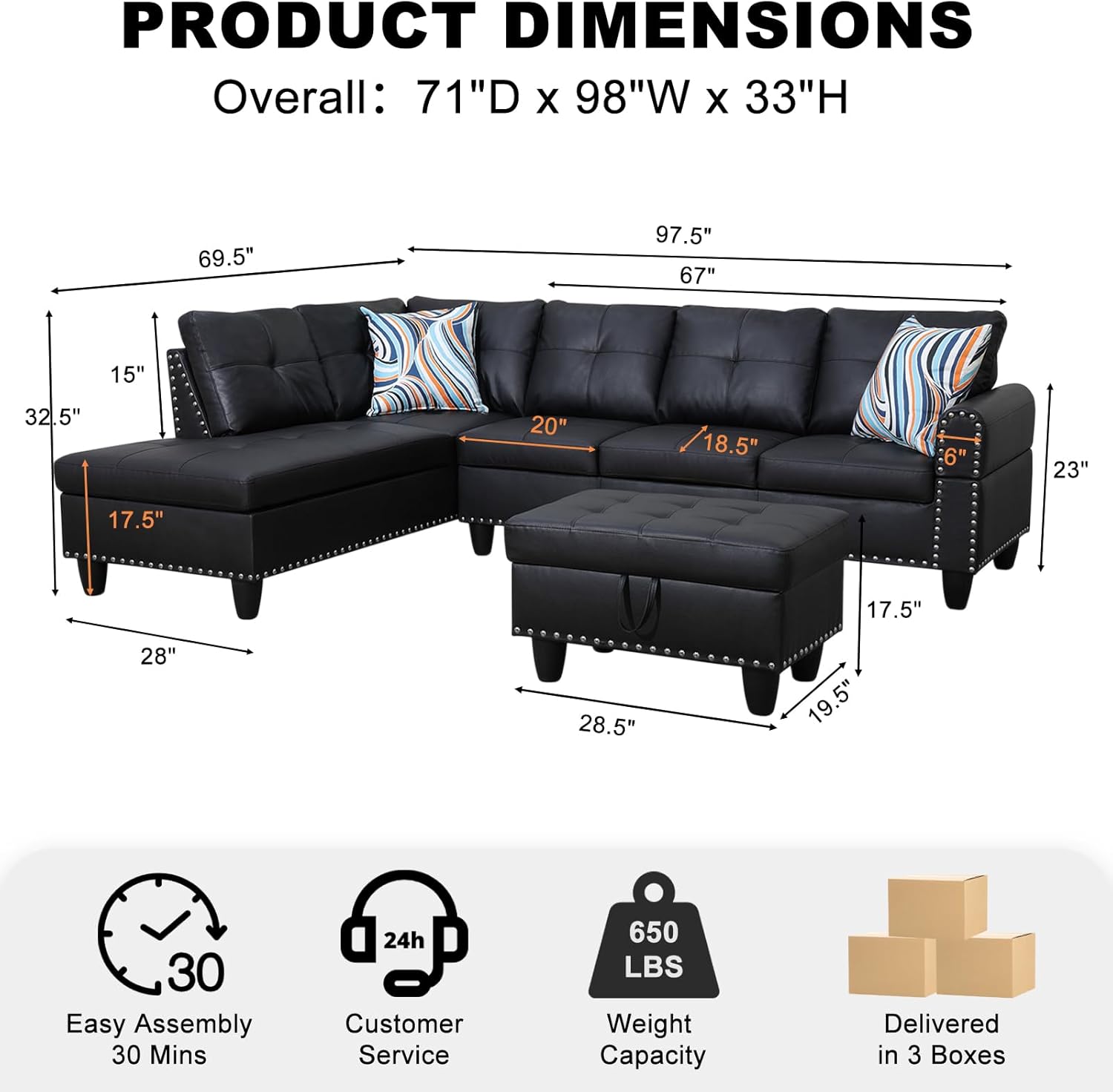 Wakefit Sectional Sofa Couch, Modern 4-Seaters Living Room Furniture Sets with Chaise Lounge, Ottoman & 2 Pillows | L Shape Couch | Cup Holder | Faux PU Leather, Black
