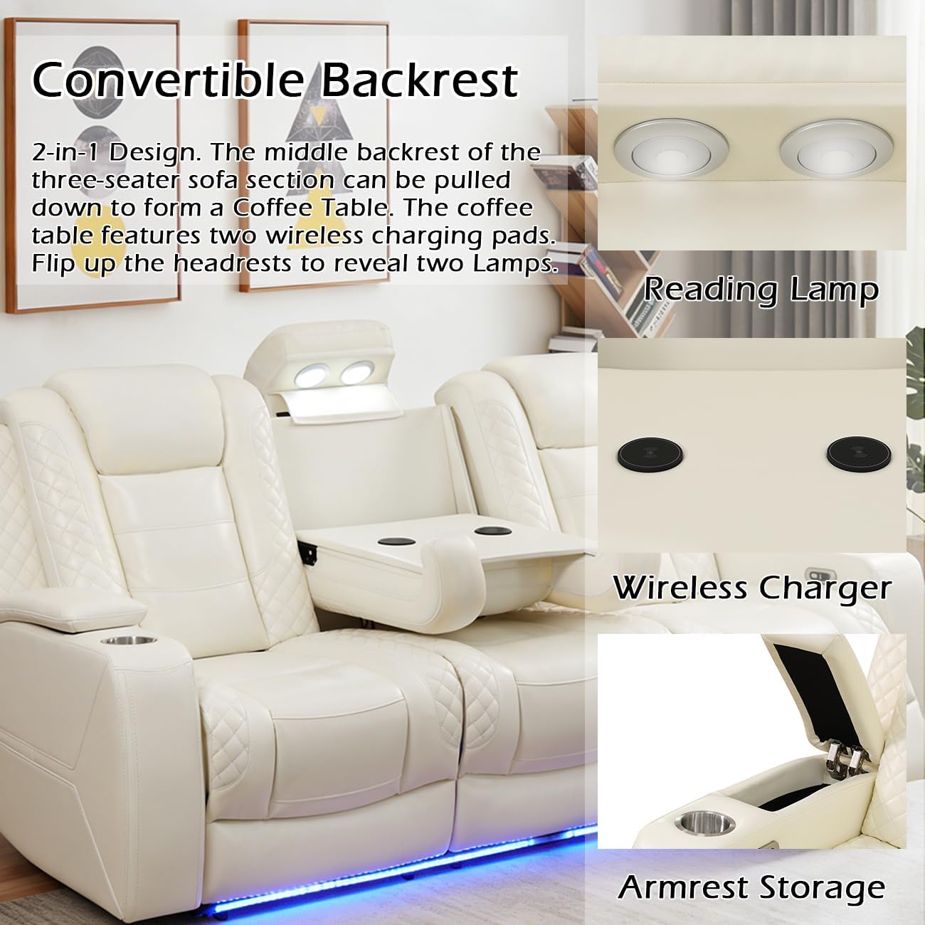 Bicerkib Power Recliner Sofa Set for Living Room Furniture Sets,Leather Reclining Sofa Set with LED Lights/Hidden Storage,Leather Couch Set for Living Room/Home Theater(White Armrest Cup Holder,3+1+1)