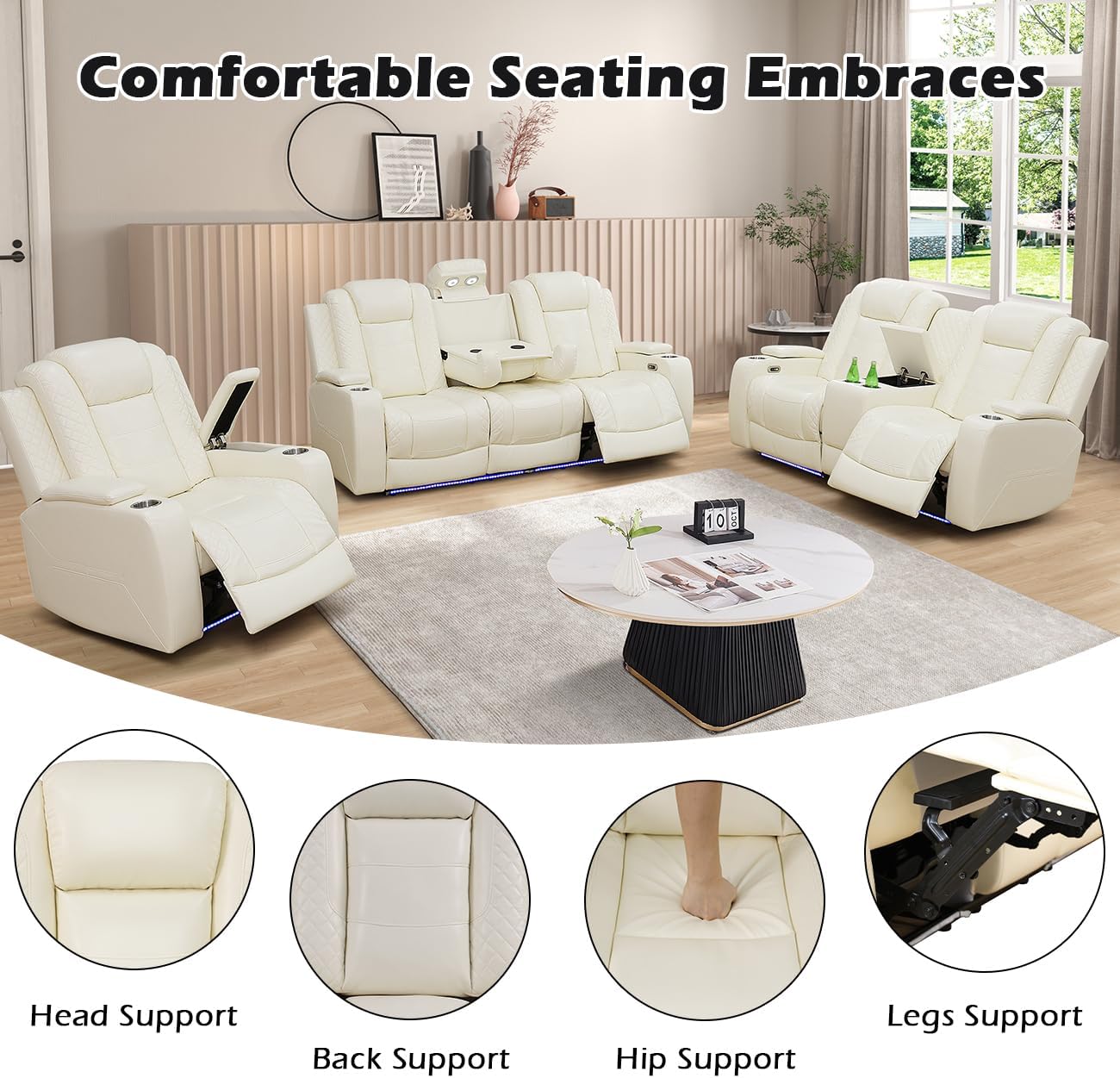 Alternative view of Bicerkib Power Recliner Sofa Set for Living Room Furniture Sets,Leather Reclining Sofa Set with LED Lights/Hidden Storage,Leather Couch Set for Living Room/Home Theater(White Armrest Cup Holder,3+1+1)