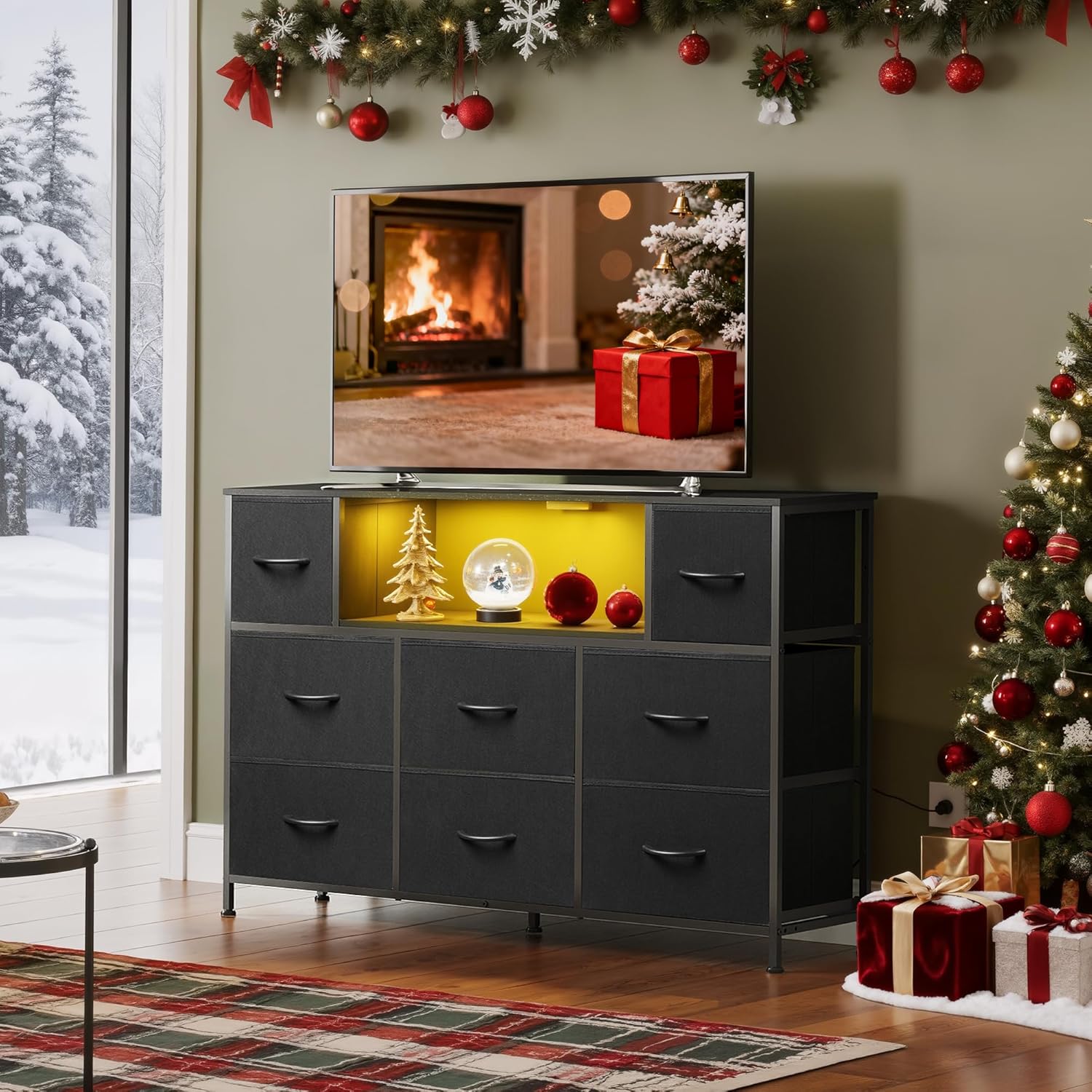 WLIVE Black Dresser TV Stand for 45, 50, 55 inch TV, Entertainment Center with LED Lights & Charging Station, Chest of Drawers with 8 Fabric Drawers and Open Shelves for Living Room, Hallway, Wood Top