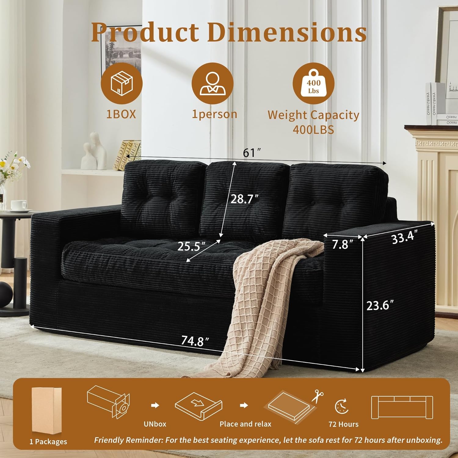 Korser Boneless Couches for Living Room, 74" Modern 3 Seater Sofa with Deep Seat, Comfy Cloud Sofa with Corduroy Fabric, No Assembly Couch, Bean Bag Couch for Bedroom, Dorm, Apartment