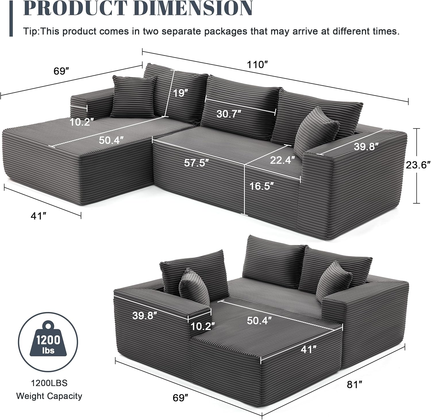 MANGODAN 110u201D Cloud Sectional Couch, Boneless Sofa for Living Room, Modular Sectional Sofa with Deep Seat, Comfy Fluffy Couch with L-Shaped Chaise, No Assembly Required (Left-Facing Chaise, Dark Grey)