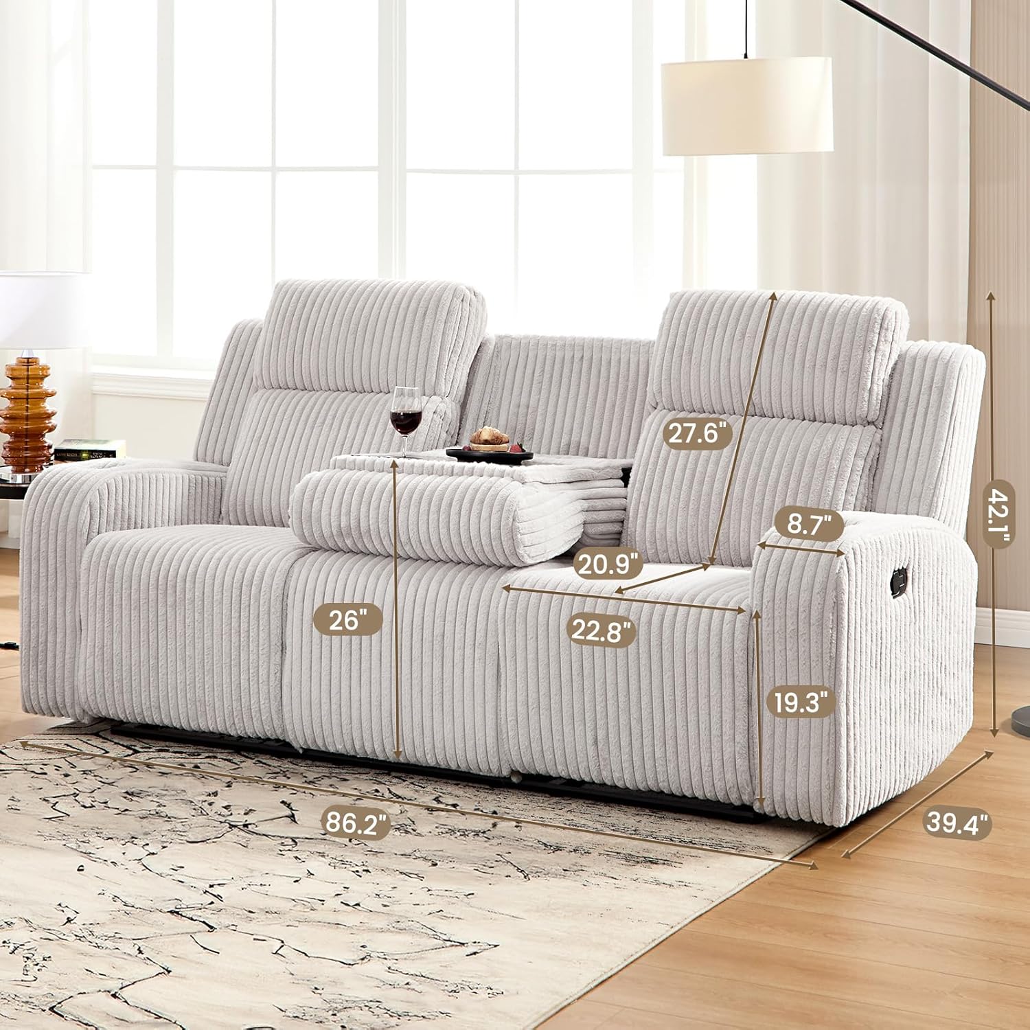 Corduroy Manual Recliner Sofa Set, Living Room Furniture Set, Reclining Sofa and Loveseat Set with Drop Down Table, Wireless Charger, USB Port, Console Cup Holders & Storage Cabinet, Grey(2 PCS Sofa)